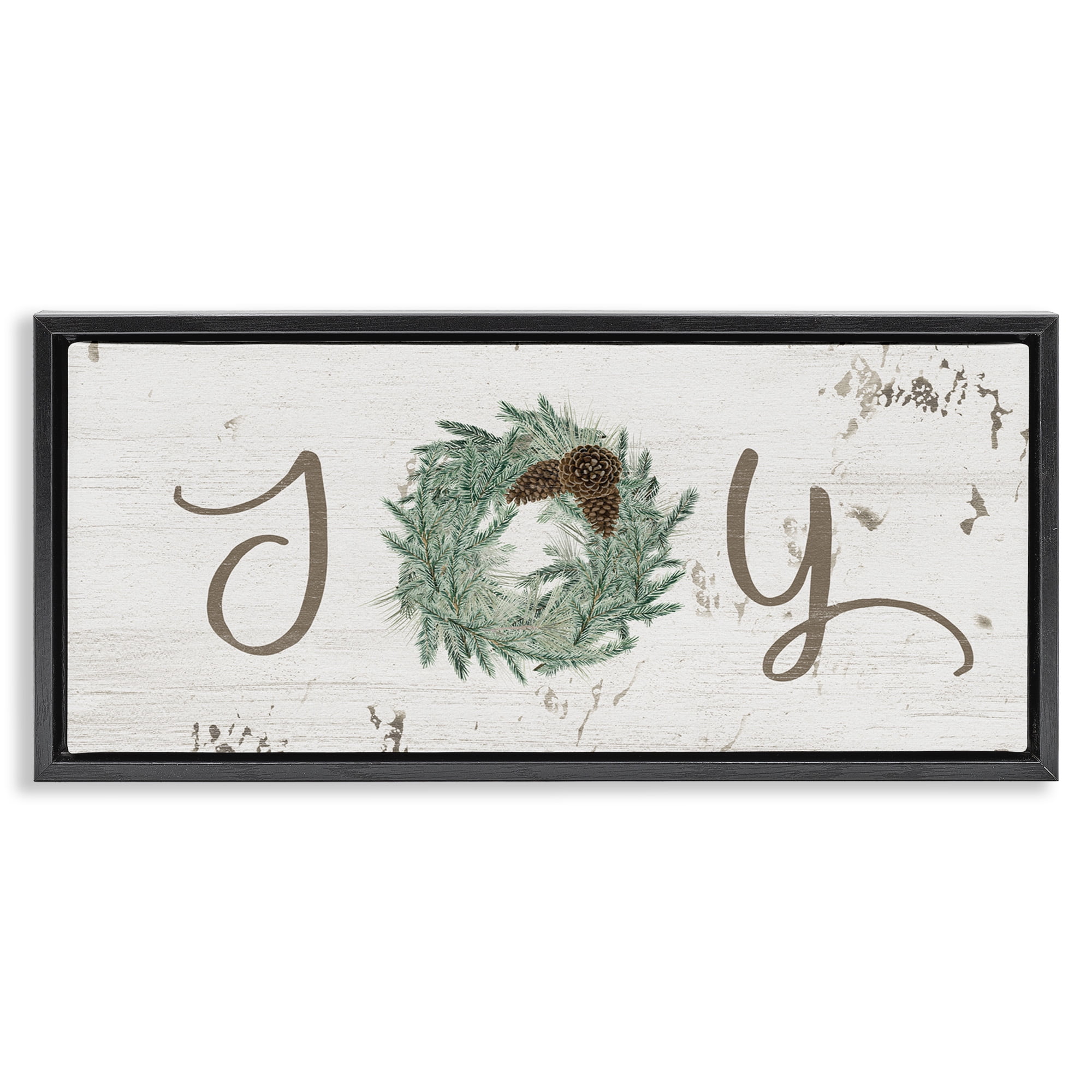 Stupell Industries Country Inspired Joy Wreath Holiday Painting Black Floater Framed Canvas Art Print Wall Art, 31 x 14