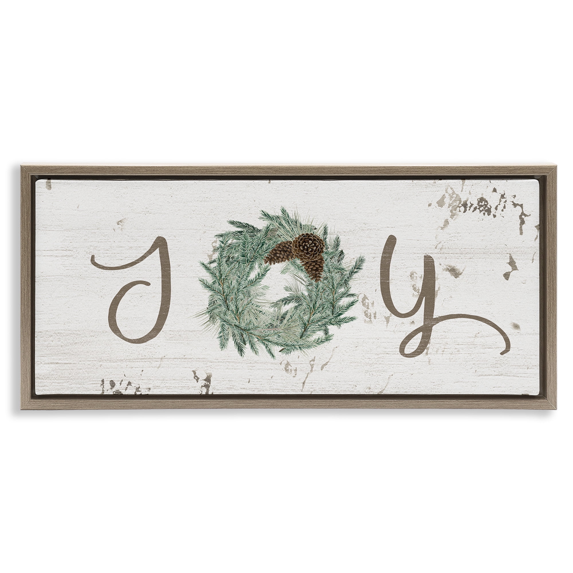 Stupell Industries Country Inspired Joy Wreath Holiday Painting Brown Floater Framed Canvas Art Print Wall Art, 25 x 11
