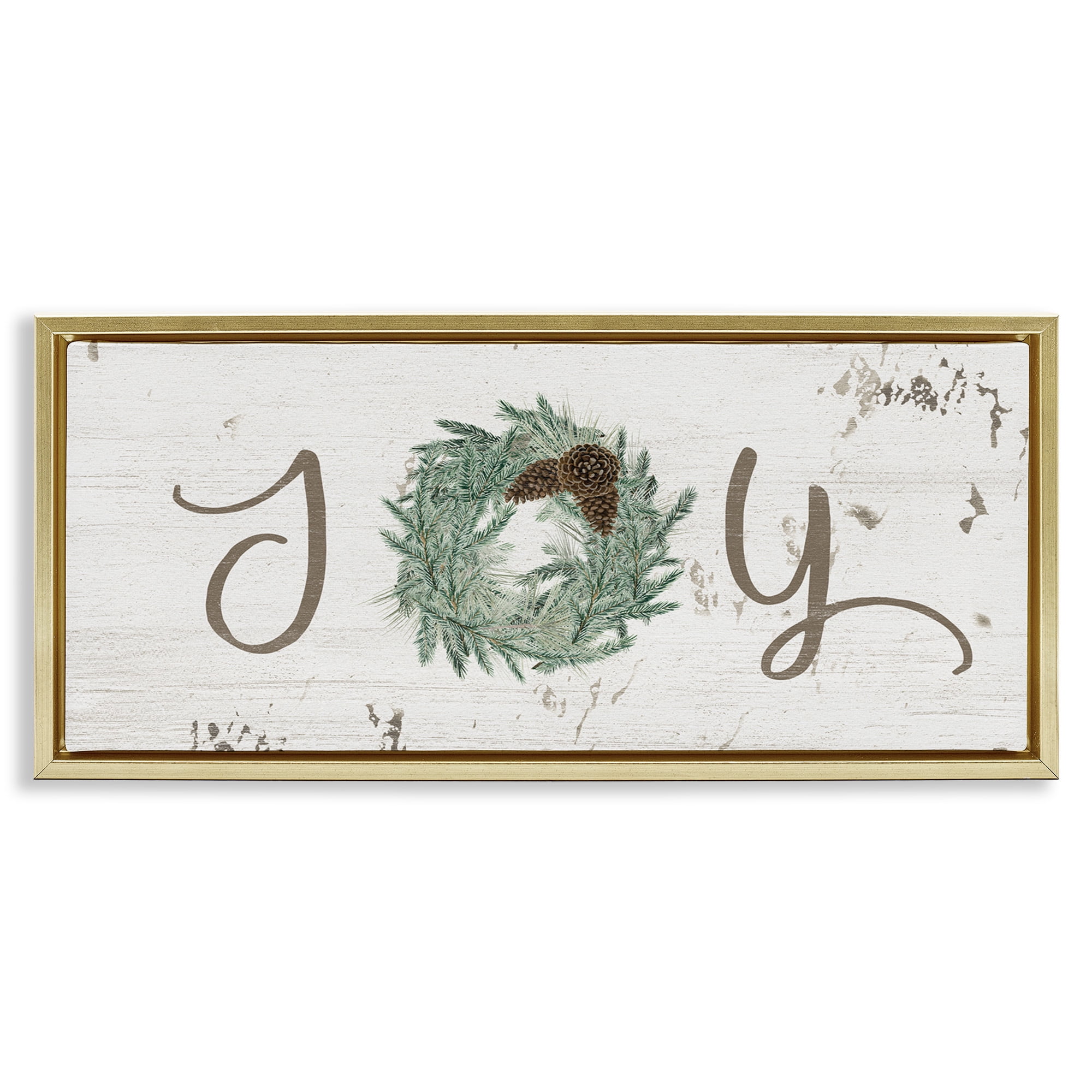 Stupell Industries Country Inspired Joy Wreath Holiday Painting Gold Floater Framed Canvas Art Print Wall Art, 25 x 11