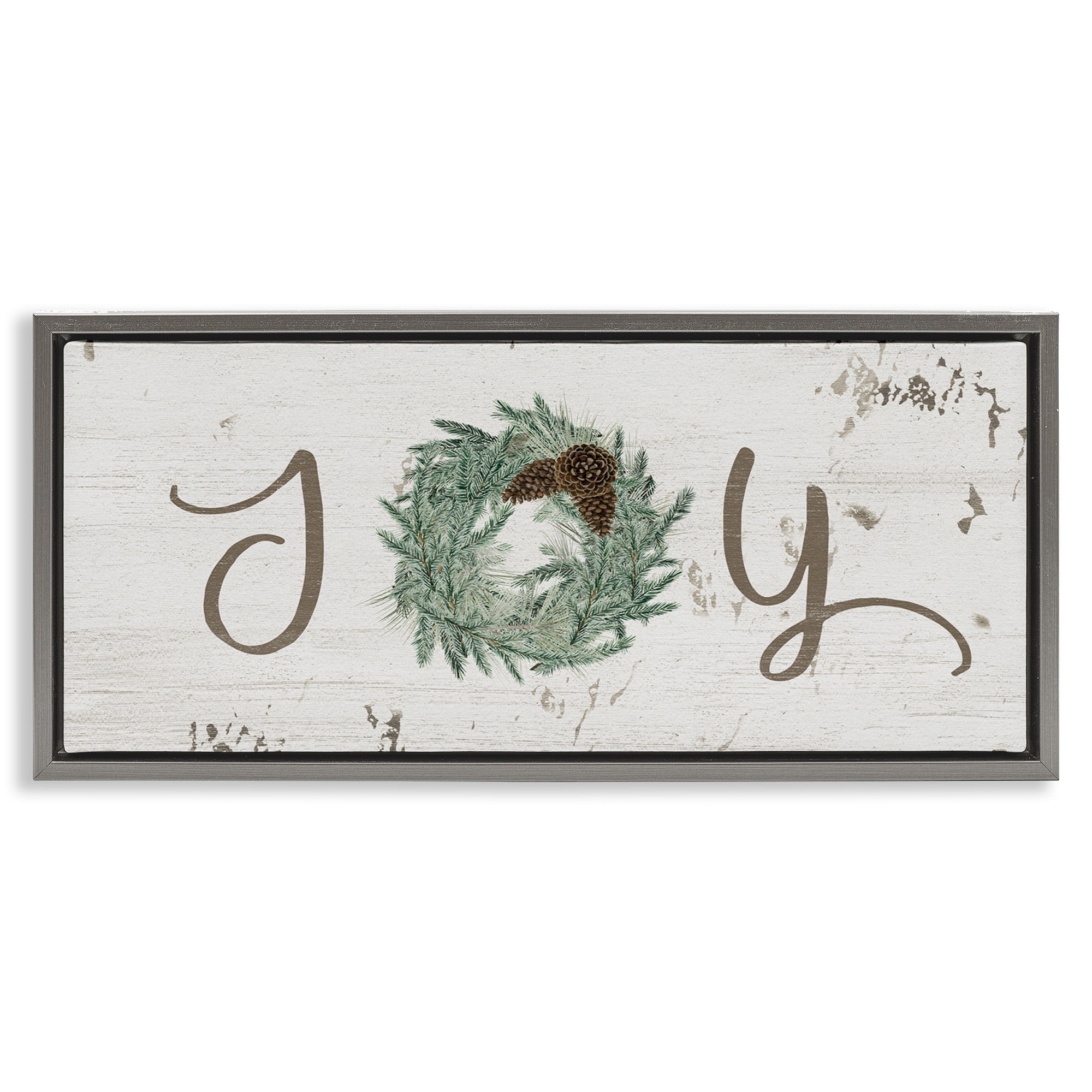 Stupell Industries Country Inspired Joy Wreath Holiday Painting Gray Floater Framed Canvas Art Print Wall Art, 31 x 14
