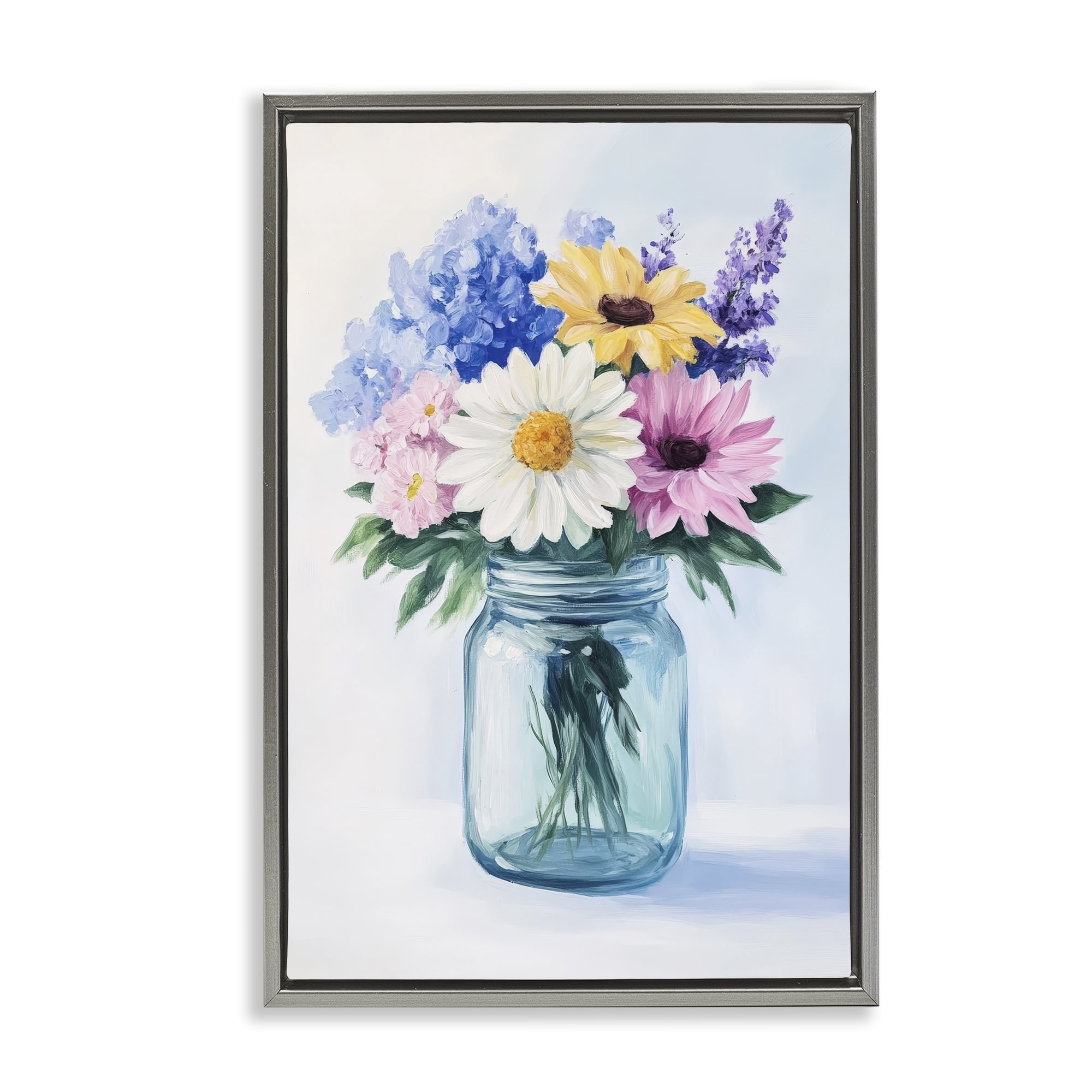 Stupell Industries Country Jar Wildflower Bouquet Gray Framed Floater Canvas Wall Art, design by Petal Prints Design
