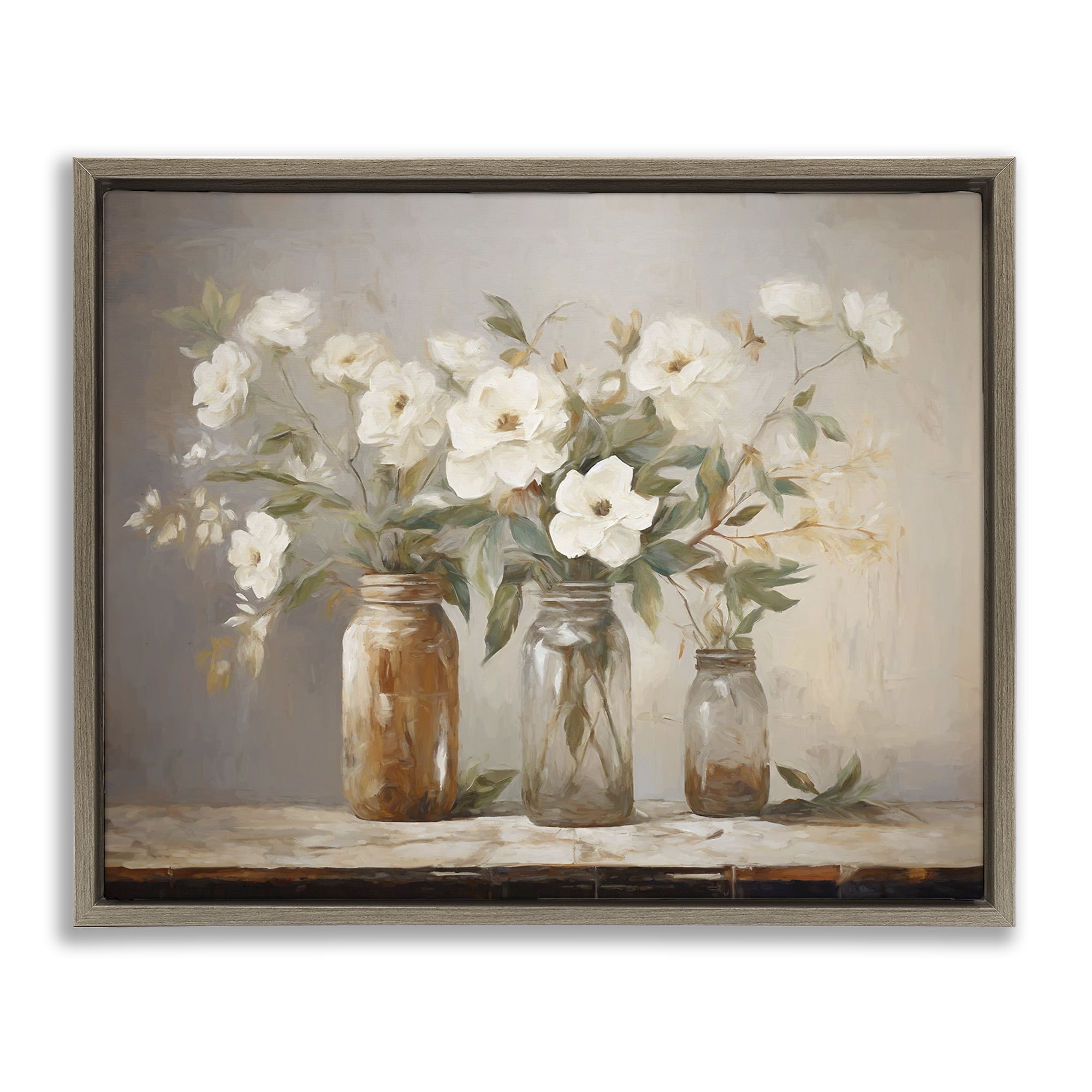 Stupell Industries Country Magnolia Jars Botanical & Floral Painting Brown Floater Framed Art Print Wall Art, 31 x 25