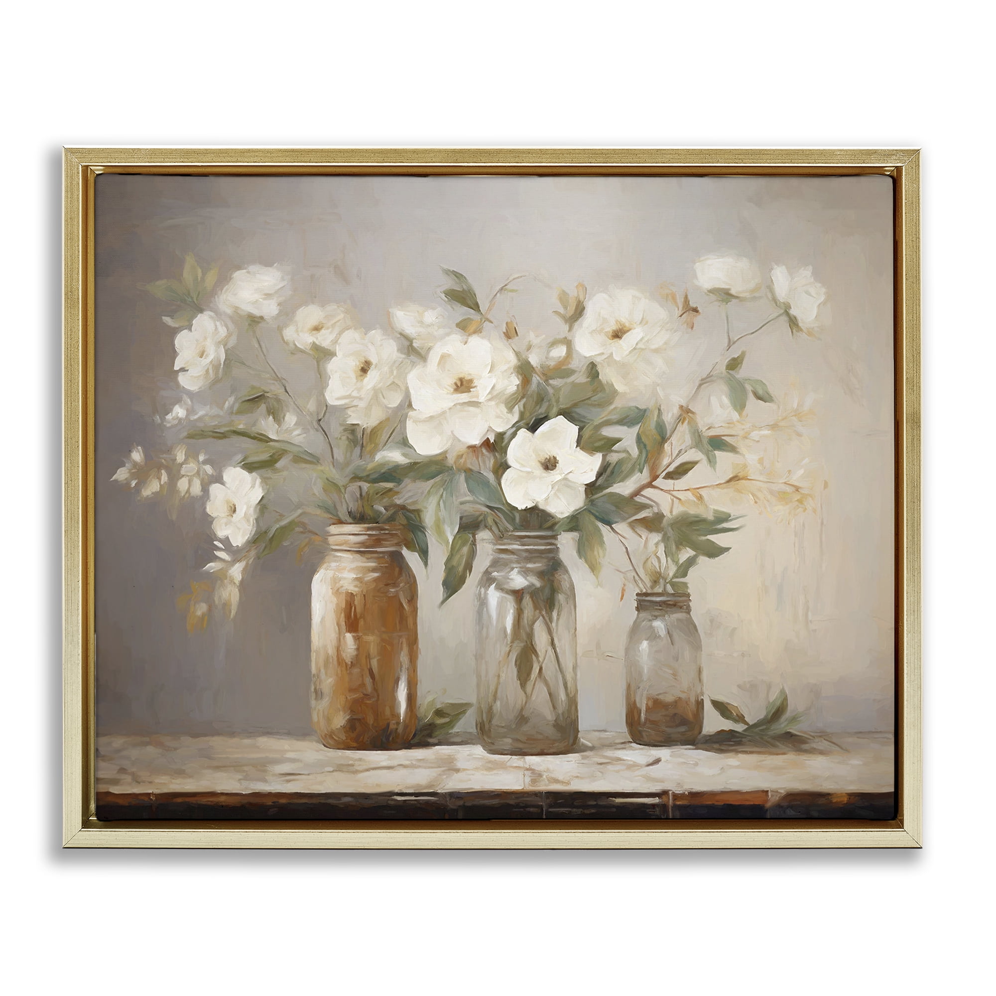 Stupell Industries Country Magnolia Jars Botanical & Floral Painting Gold Floater Framed Art Print Wall Art, 31 x 25
