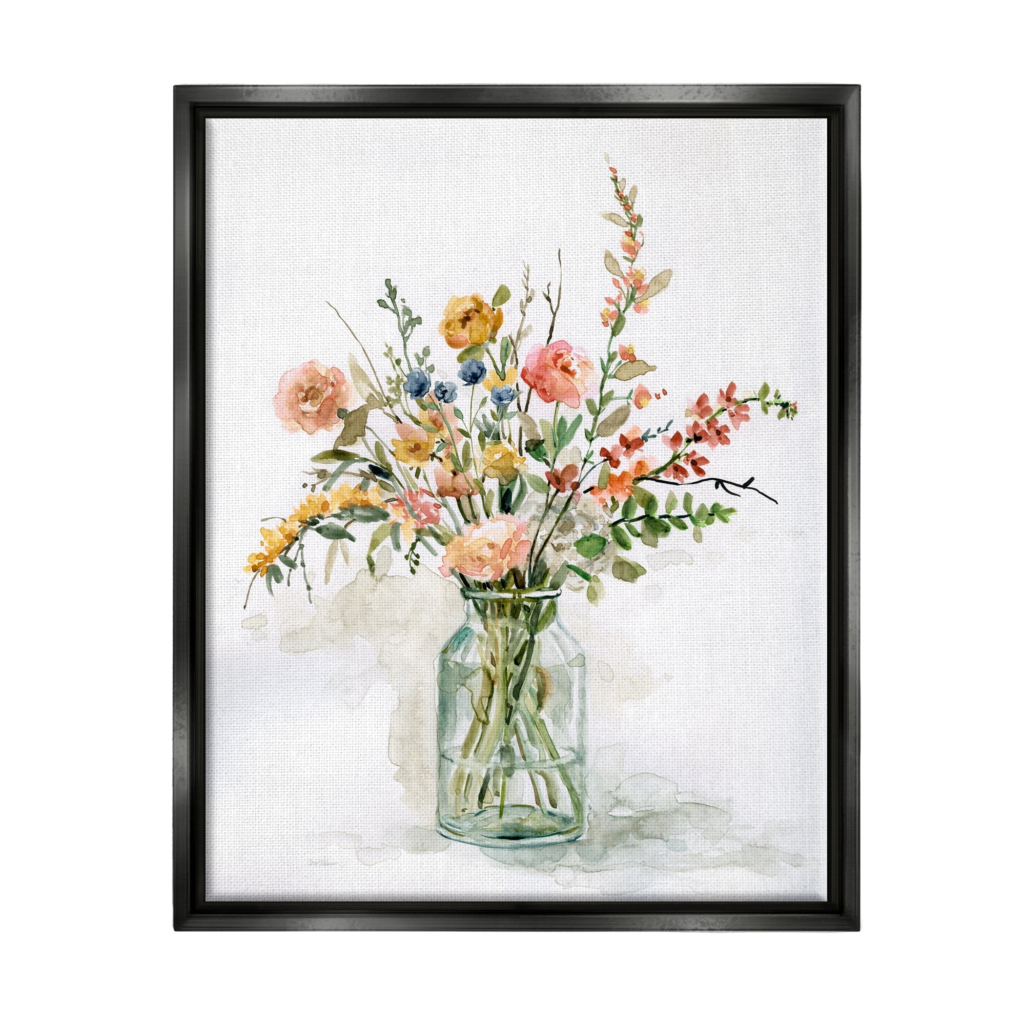 Stupell Industries Country Meadow Roses Floral Bouquet Watercolor Still Life Jet Black Framed Floating Canvas Wall Art, 24x30, by Carol Robinson