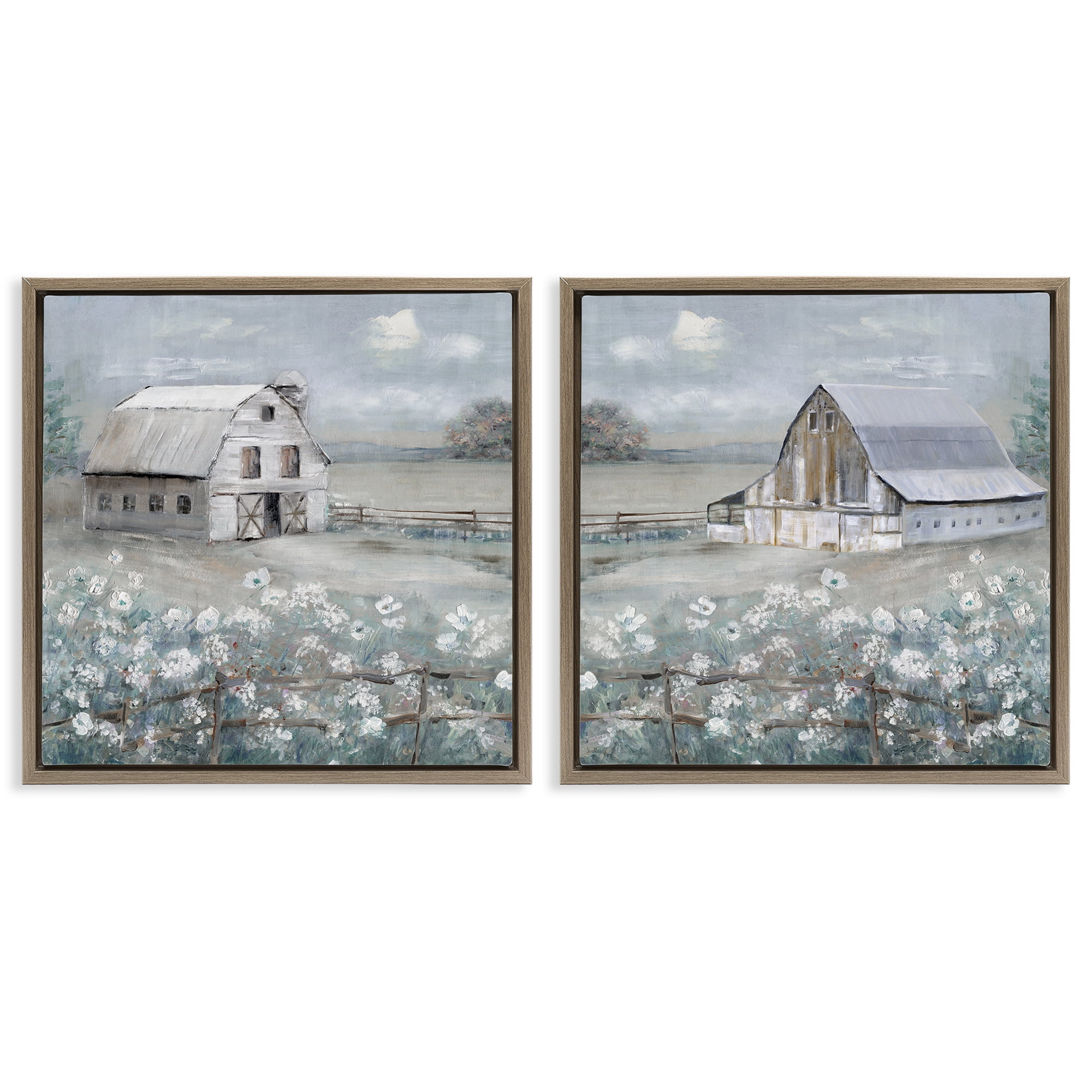 Stupell Industries Country Meadows with Barns Landscape & Nature Painting Brown Floater Framed Canvas Art Print Wall Art, 18 x 18, Set of 2