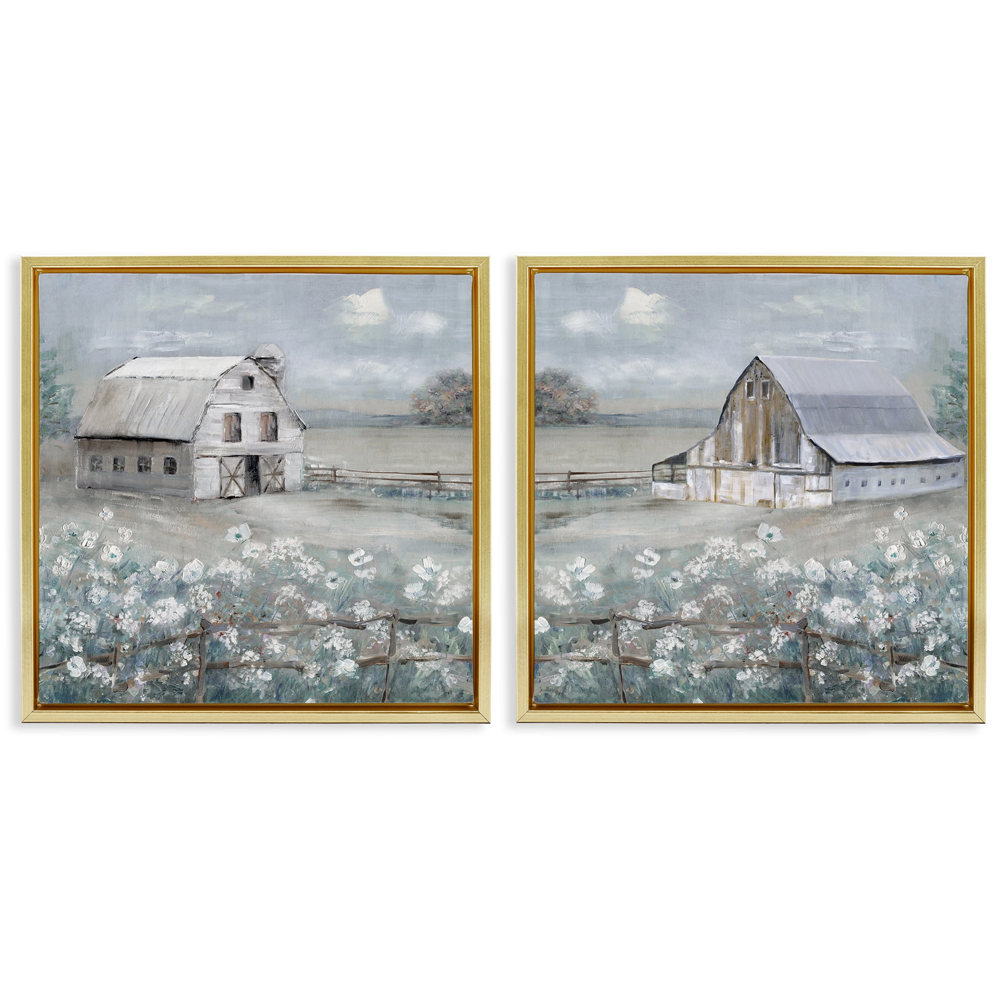 Stupell Industries Country Meadows with Barns Landscape & Nature Painting Gold Floater Framed Canvas Art Print Wall Art, 18 x 18, Set of 2