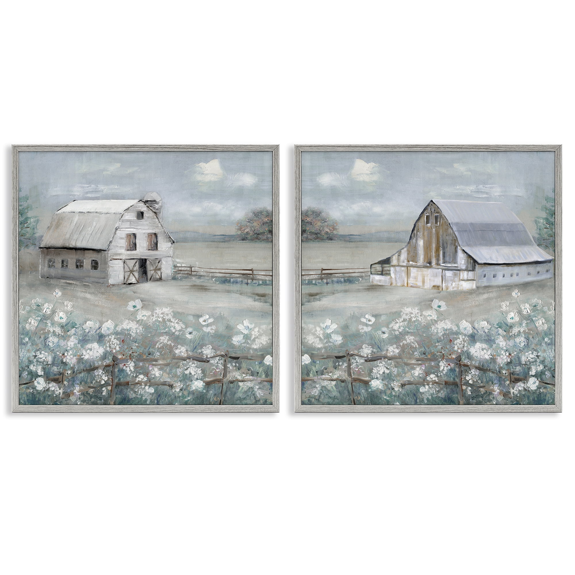 Stupell Industries Country Meadows with Barns Landscape & Nature Painting Gray Framed Art Print Wall Art, 12 x 12, Set of 2