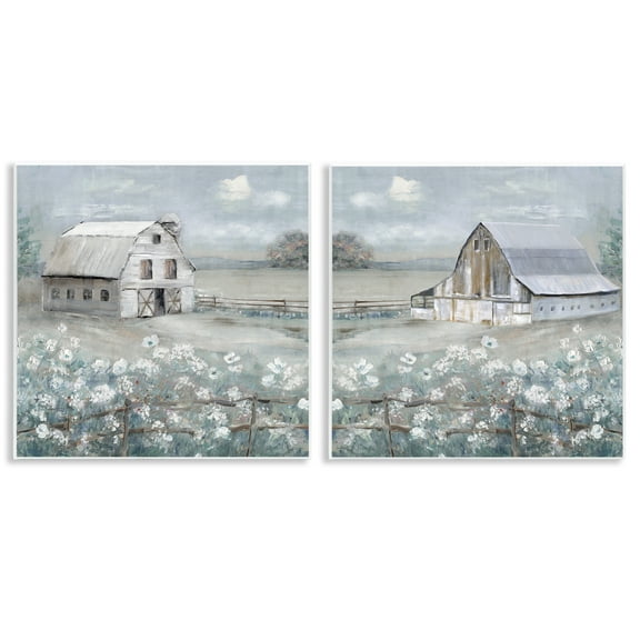 Stupell Industries Country Meadows with Barns Landscape & Nature Painting Unframed Art Print Wall Art, 12 x 12, Set of 2