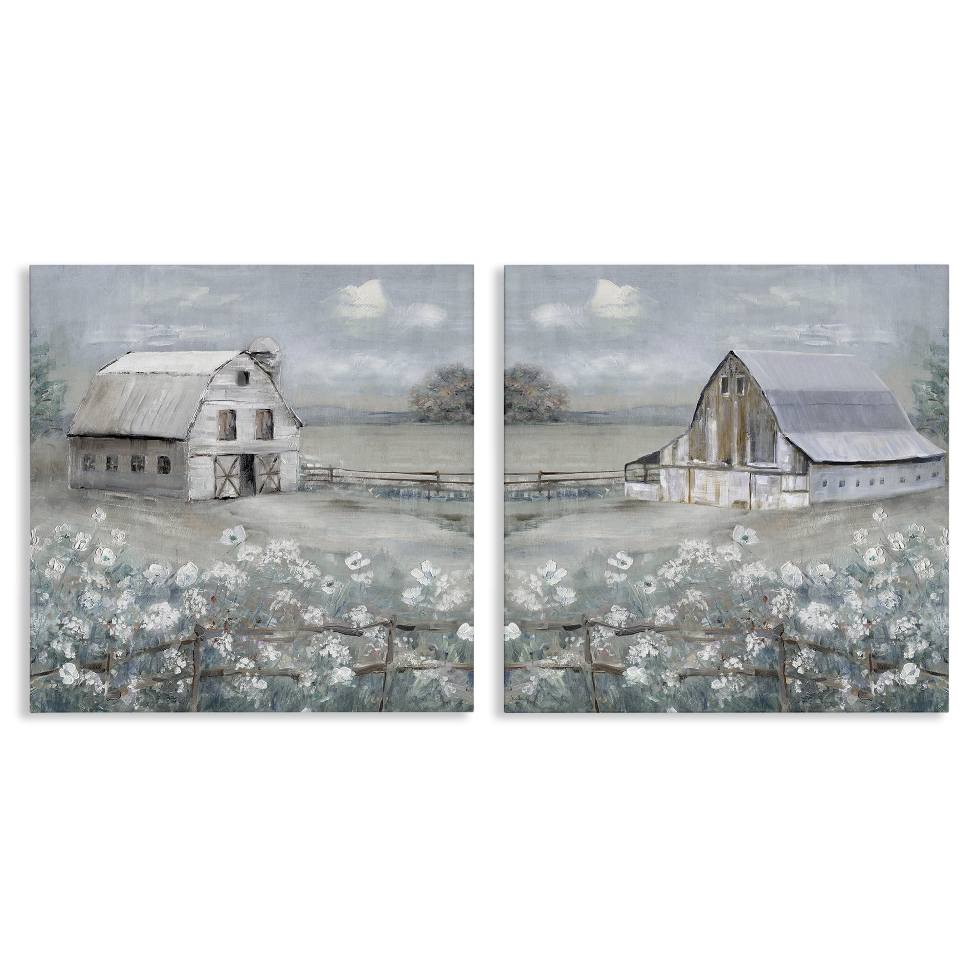 Stupell Industries Country Meadows with Barns Landscape & Nature Painting Wrapped Canvas Art Print Wall Art, 17 x 17, Set of 2