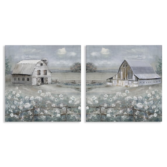 Stupell Industries Country Meadows with Barns Landscape & Nature Painting Wrapped Canvas Art Print Wall Art, 24 x 24, Set of 2
