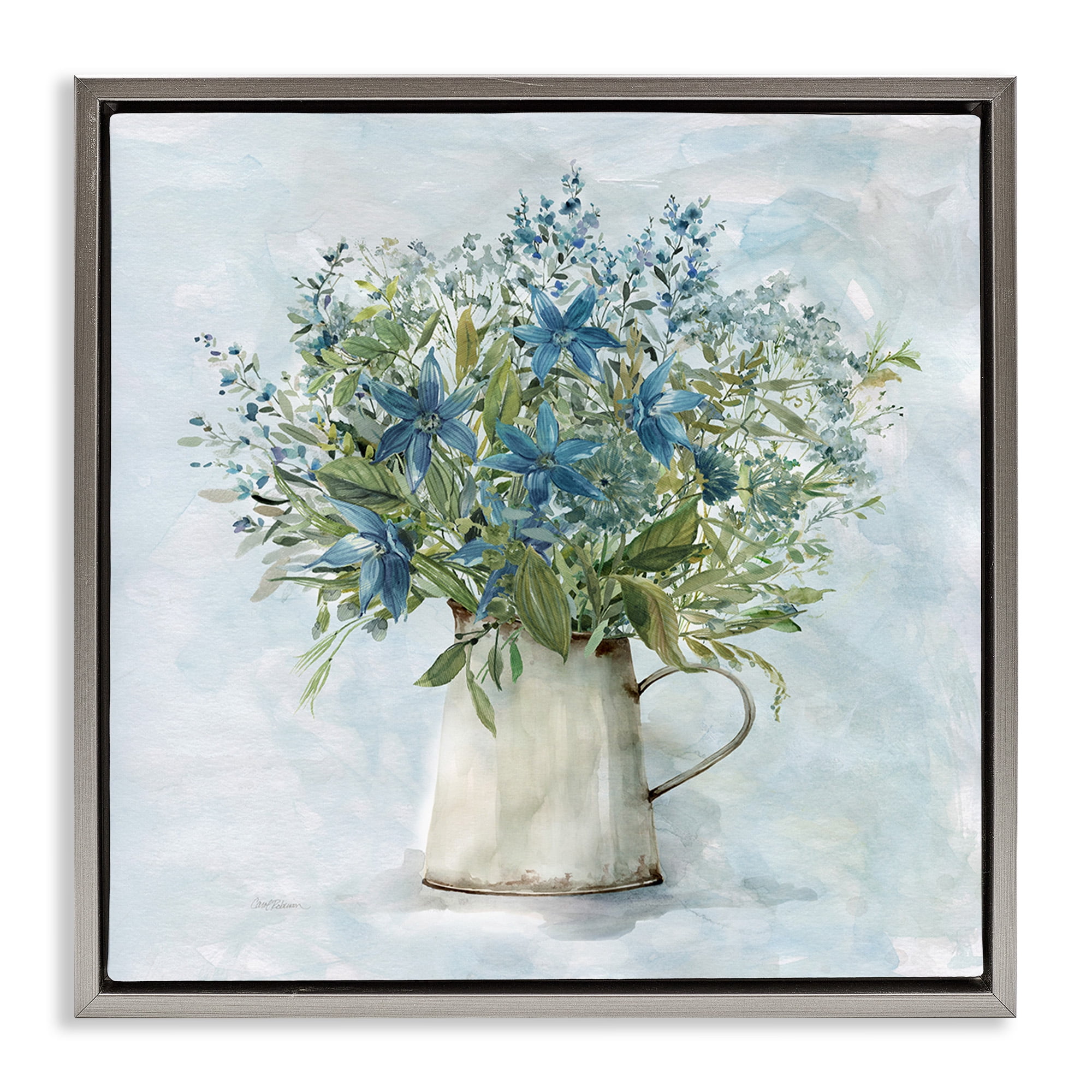 Stupell Industries Country Milk Tin Bouquet Botanical & Floral Painting Gray Floater Framed Canvas Art Print Wall Art, 18 x 18