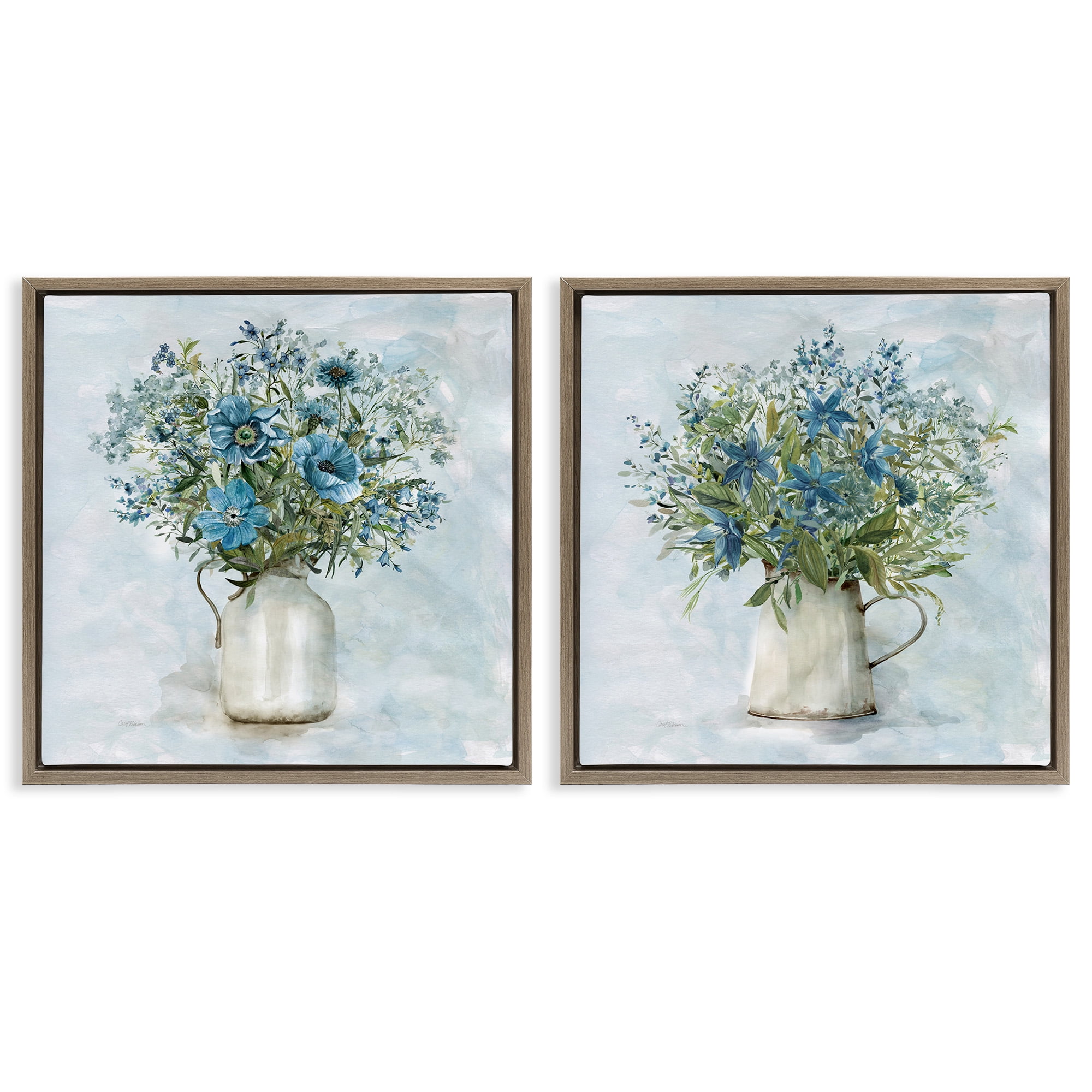 Country Mixed Floral Bouquets Blue and Green Canvas Art Set