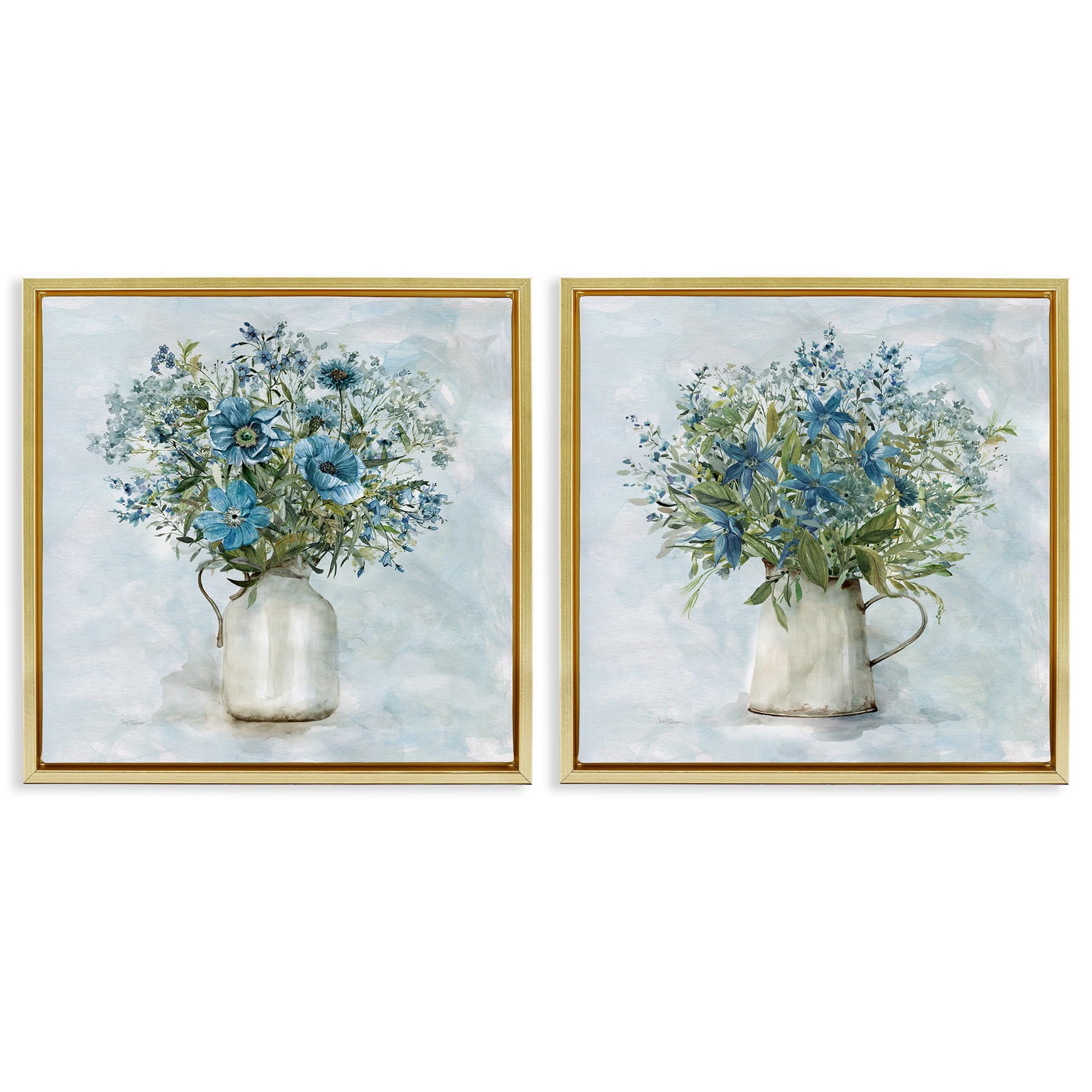 Stupell Industries Country Mixed Floral Bouquets Botanical & Floral Painting Gold Floater Framed Canvas Art Print Wall Art, 25 x 25, Set of 2