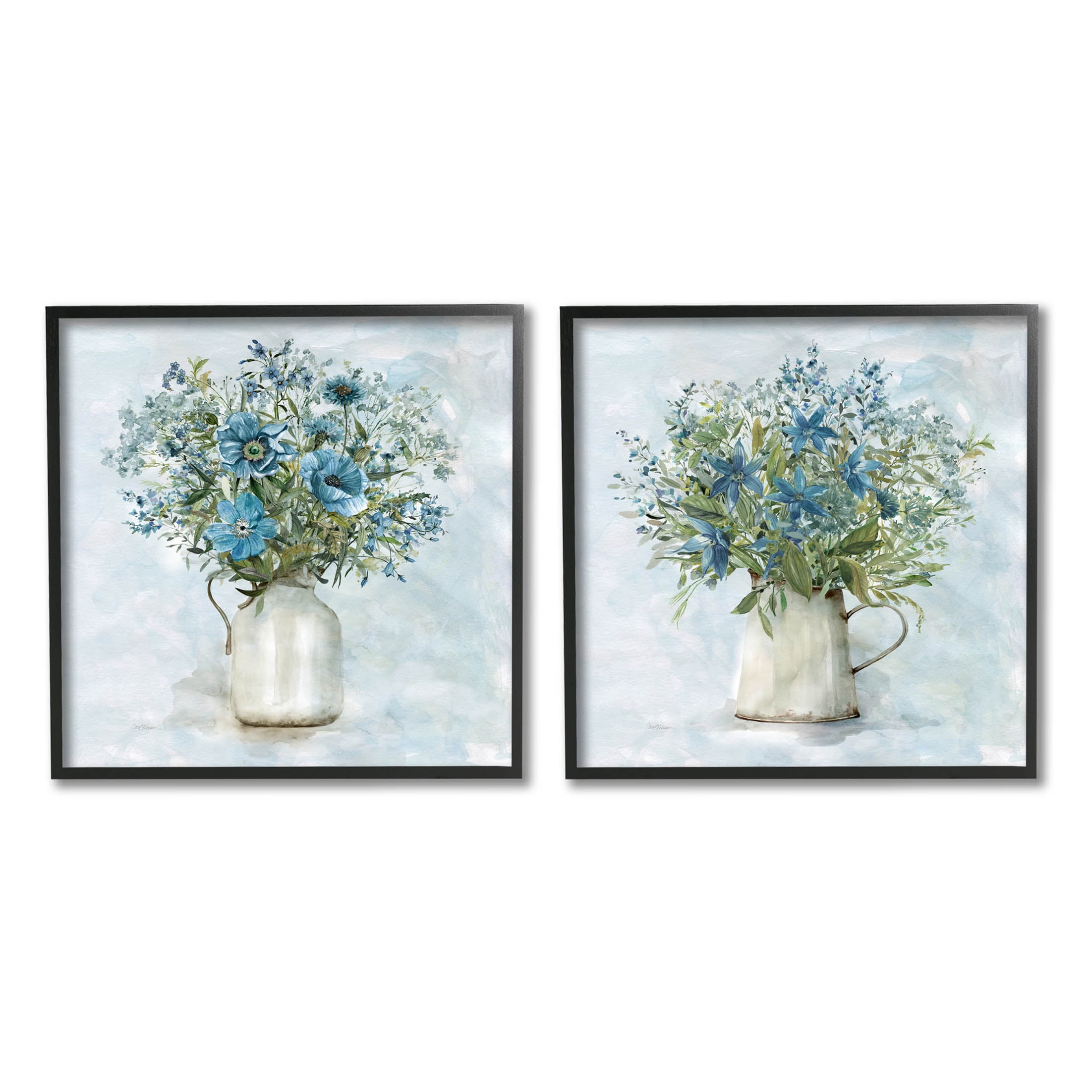 Country Mixed Floral Bouquets Blue and White Canvas Prints, Set of 2