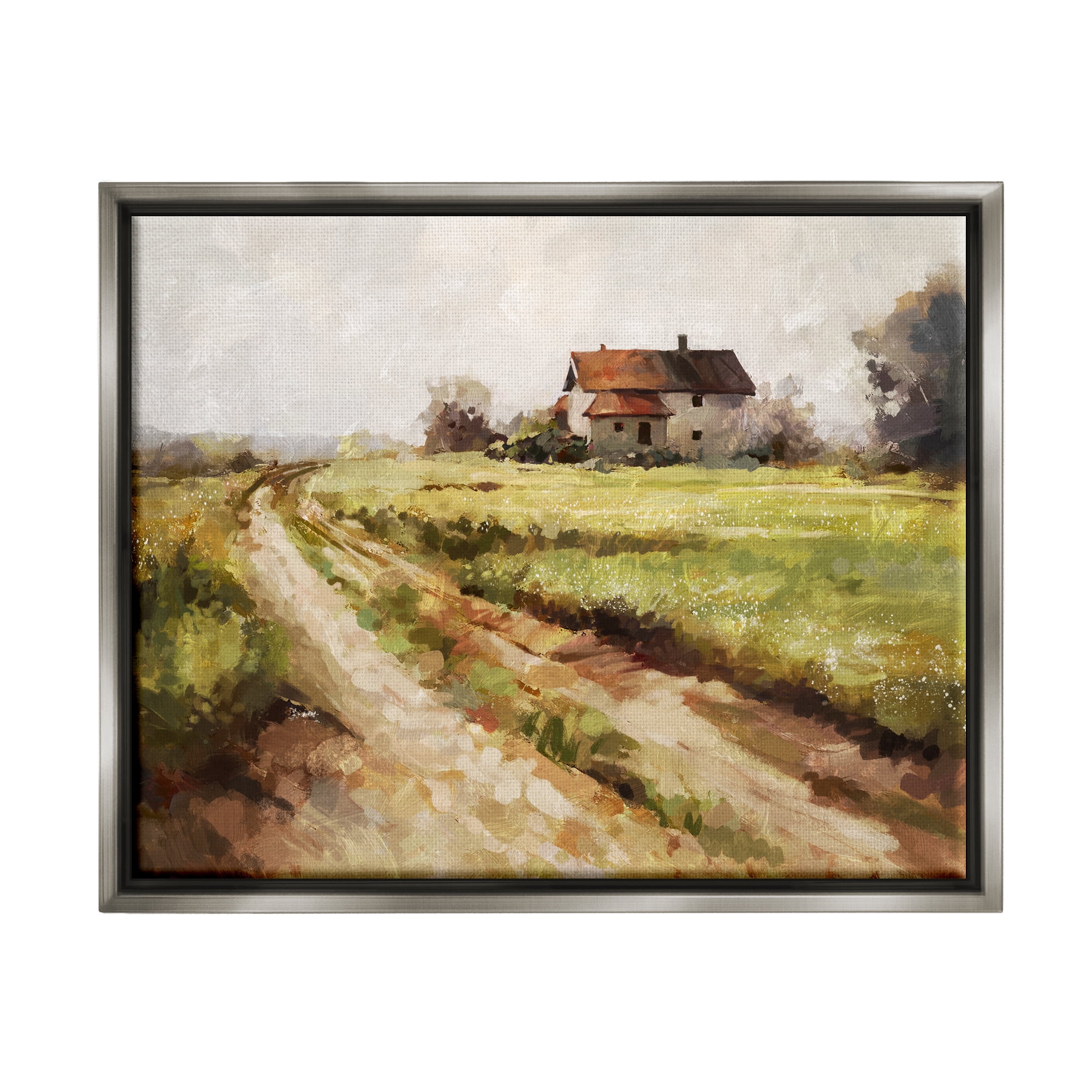 Stupell Industries Country Path to Barn Landscape Painting Gray Floater Framed Canvas Art Print Wall Art, 21 x 17