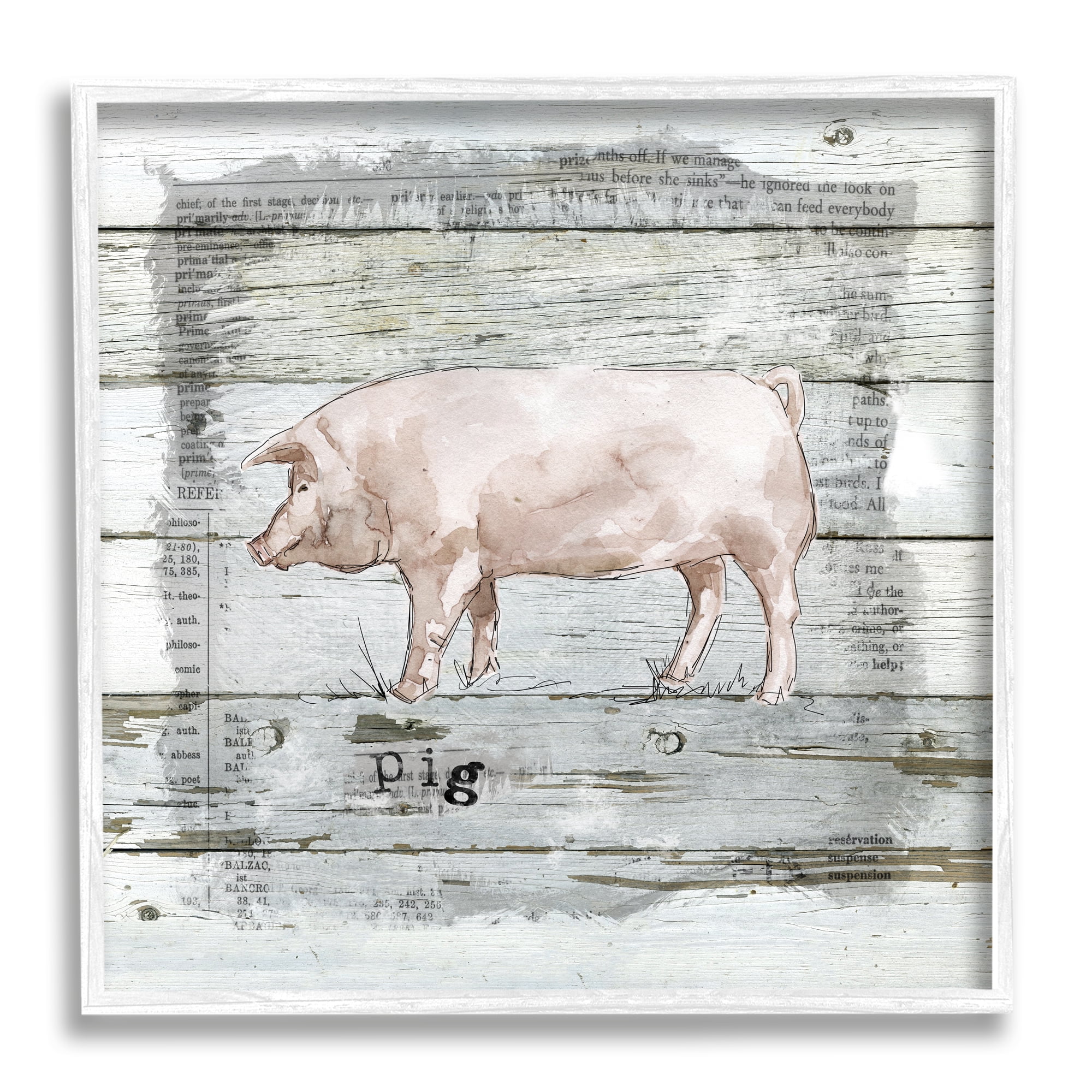 Stupell Industries Country Pink Pig over Book Collage Rustic Pattern Animals & Insects Painting White Framed Art Print Wall Art, 12 x 12