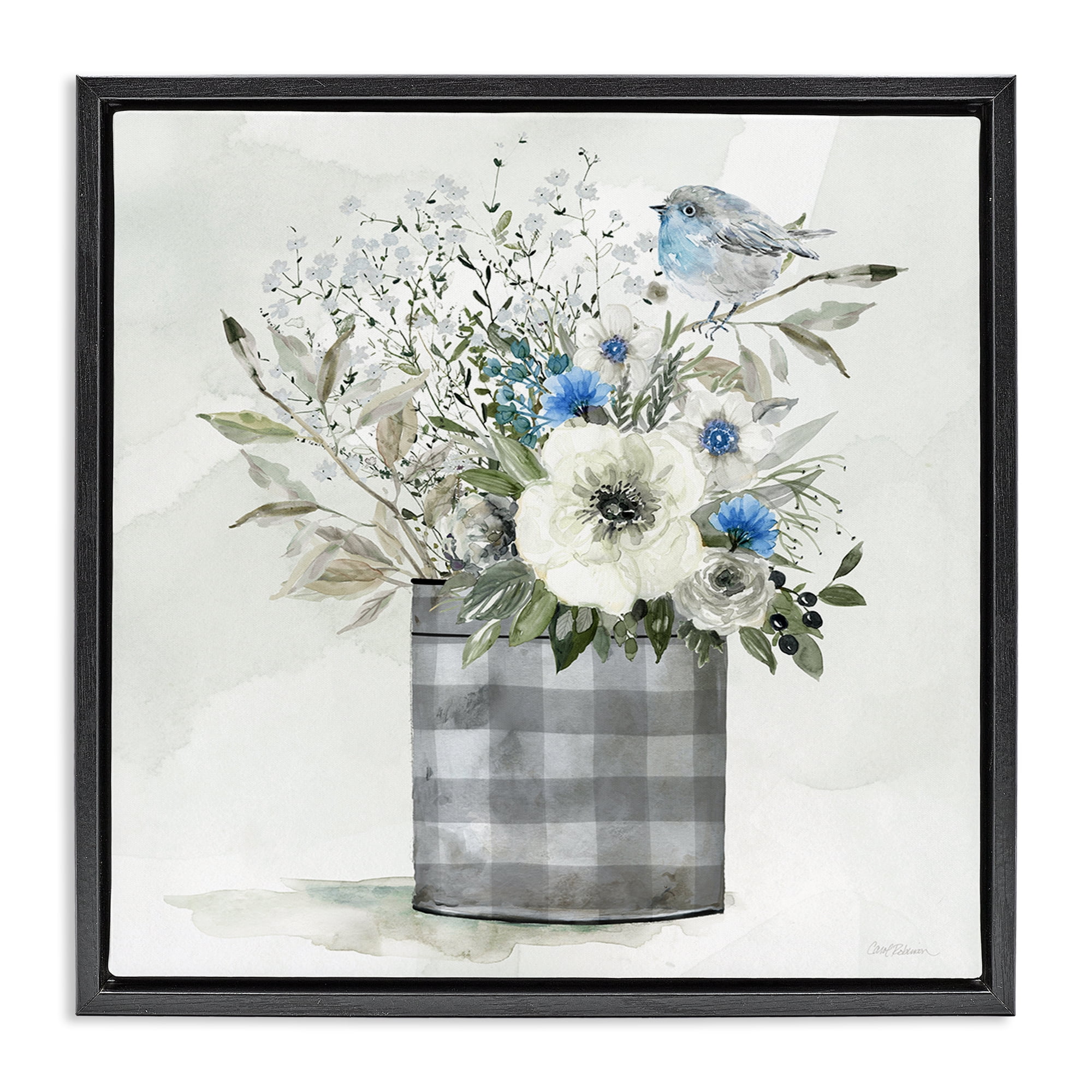 Stupell Industries Country Plaid Flower Vase Plants & Flowers Painting Black Floater Framed Canvas Art Print Wall Art, 25 x 25