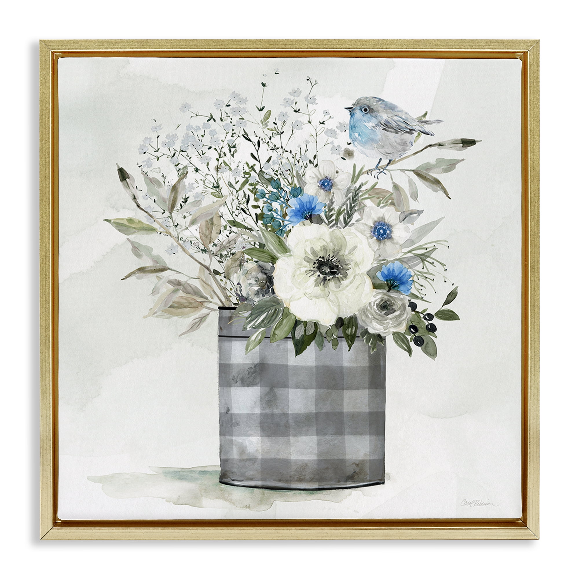 Stupell Industries Country Plaid Flower Vase Plants & Flowers Painting Gold Floater Framed Canvas Art Print Wall Art, 18 x 18