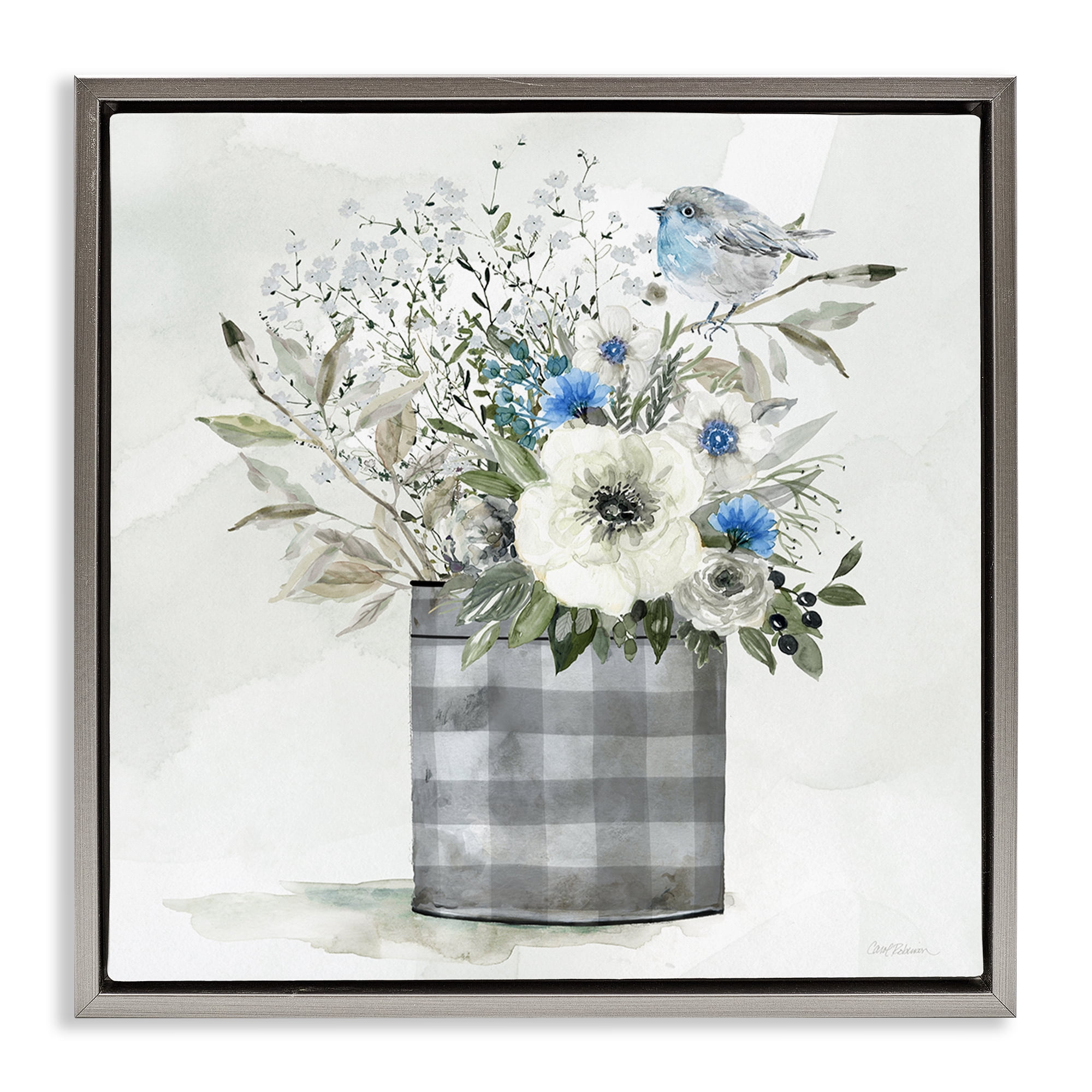Stupell Industries Country Plaid Flower Vase Plants & Flowers Painting Gray Floater Framed Canvas Art Print Wall Art, 25 x 25