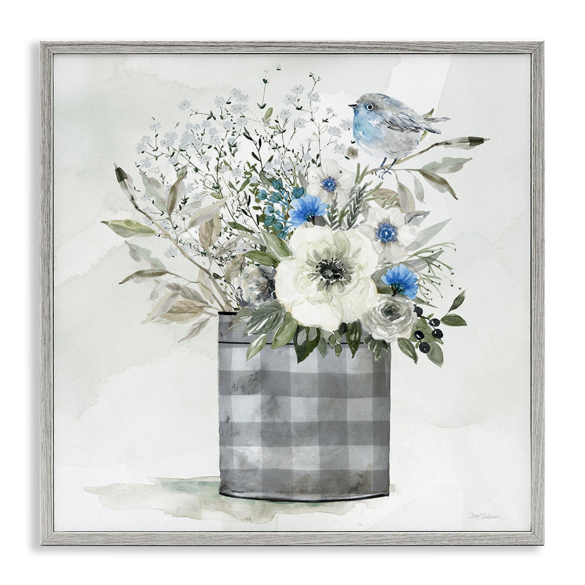 Stupell Industries Country Plaid Flower Vase Plants & Flowers Painting Gray Framed Art Print Wall Art, 12 x 12