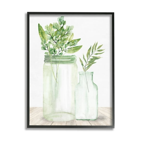 Stupell Industries Country Plant Leaves Rustic Glass Jars Arrangement Graphic Art Black Framed Art Print Wall Art, Design by Kim Allen