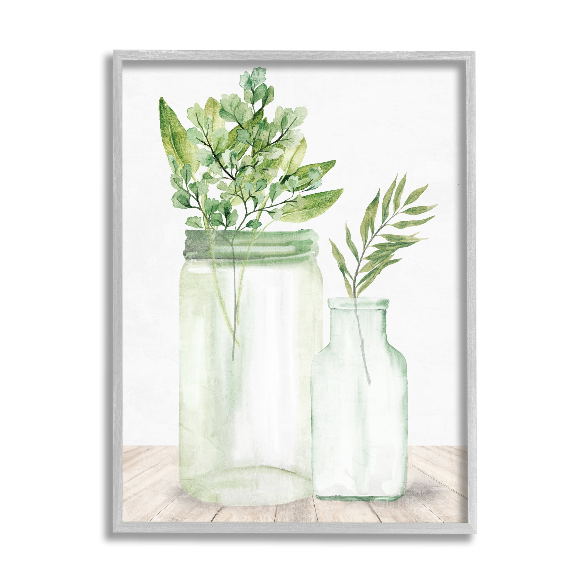 Stupell Industries Country Plant Leaves Rustic Glass Jars Arrangement Graphic Art Gray Framed Art Print Wall Art, Design by Kim Allen