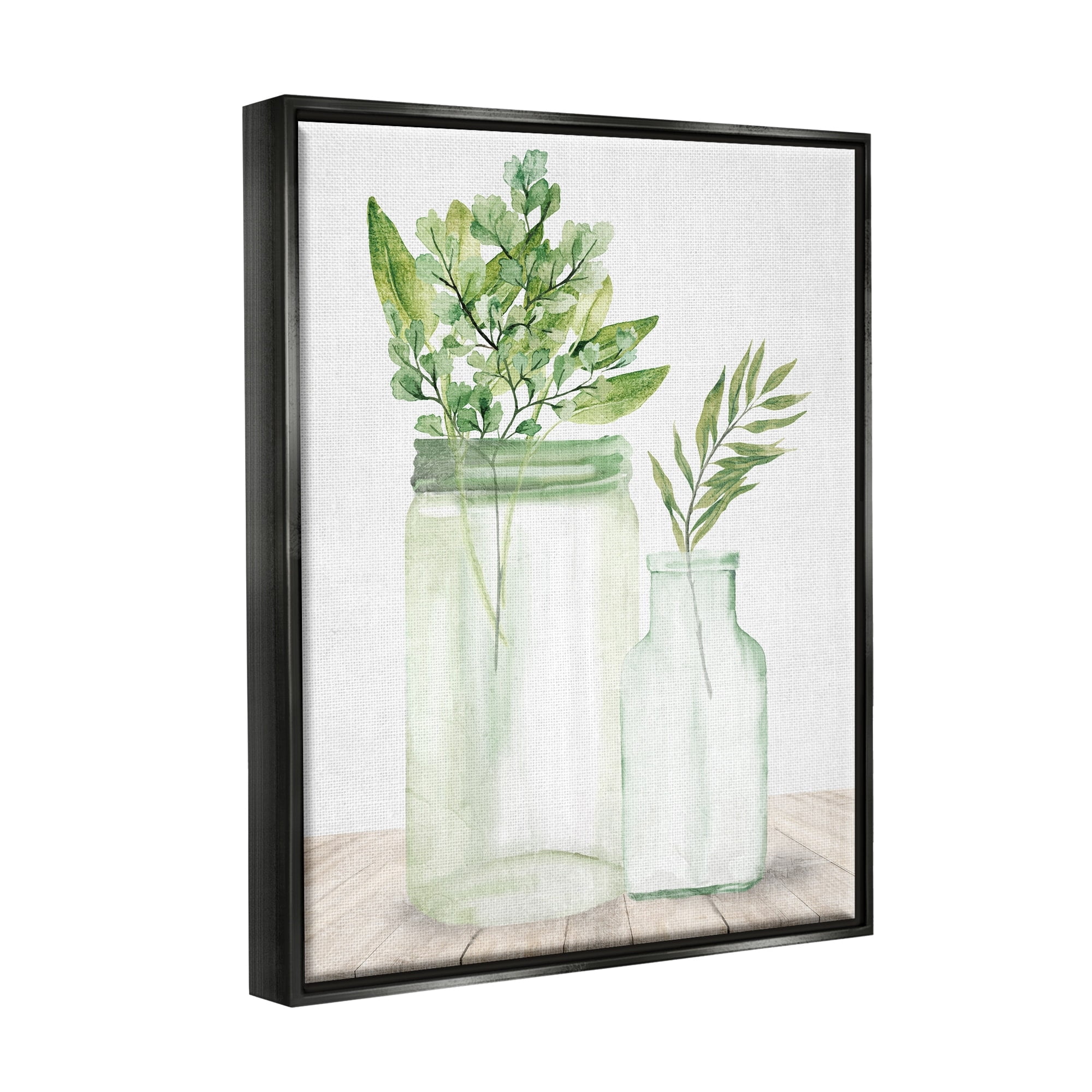 Stupell Industries Country Plant Leaves Rustic Glass Jars Arrangement Graphic Art Jet Black Floating Framed Canvas Print Wall Art, Design by Kim Allen
