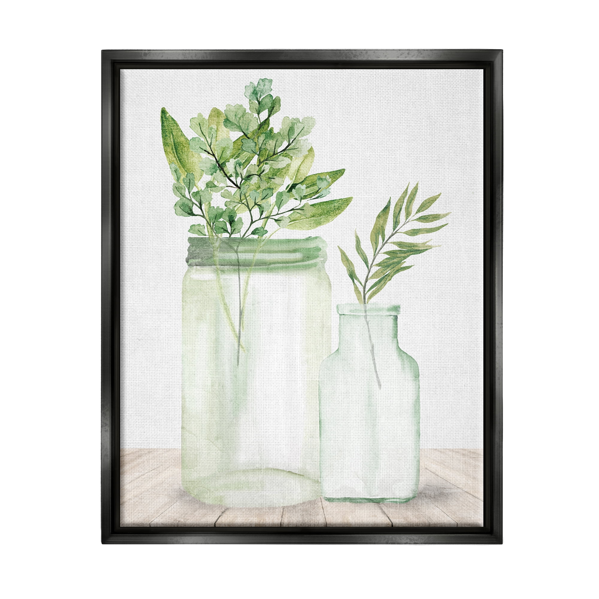 Stupell Industries Country Plant Leaves Rustic Glass Jars Arrangement Graphic Art Jet Black Floating Framed Canvas Print Wall Art, Design by Kim Allen