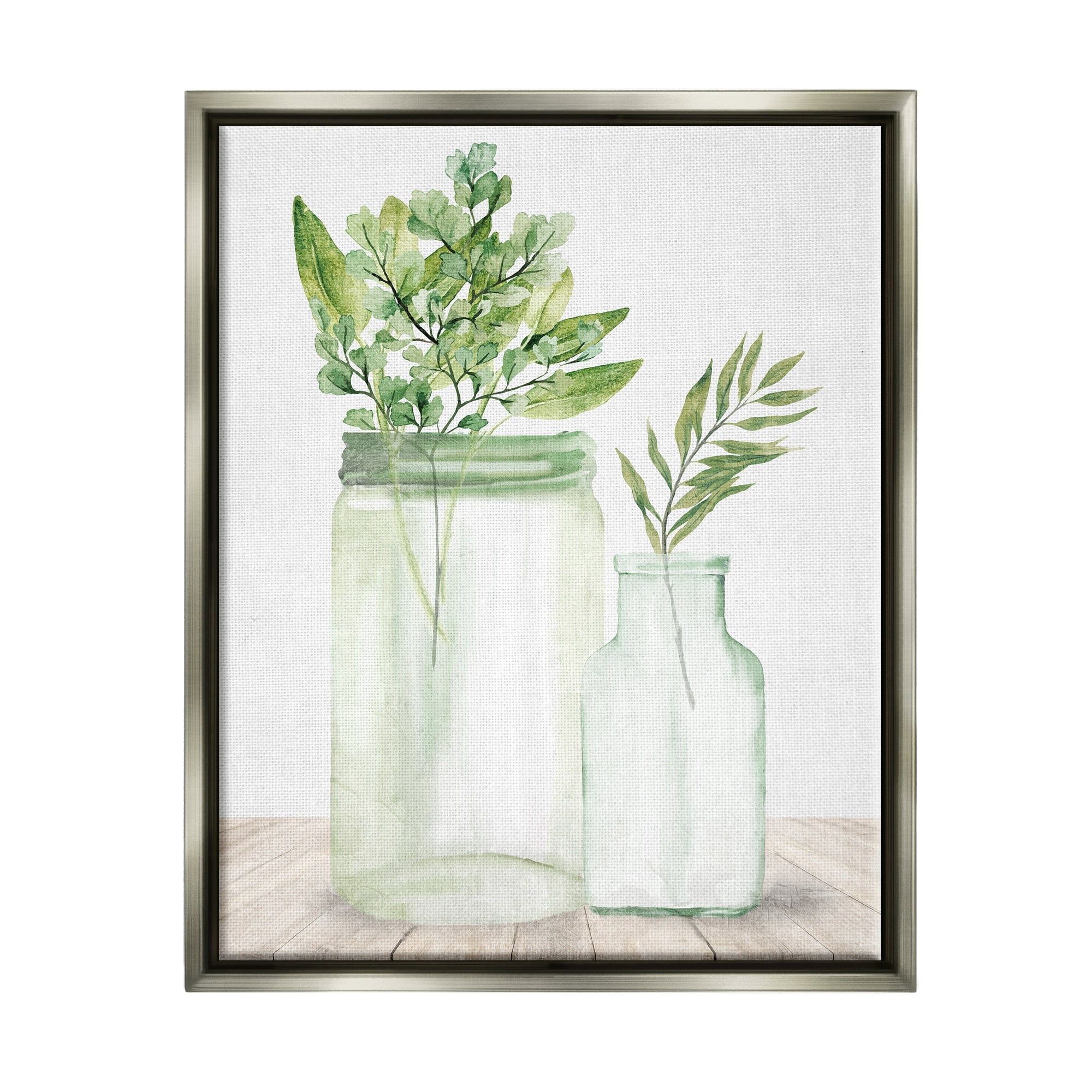 Stupell Industries Country Plant Leaves Rustic Glass Jars Arrangement Graphic Art Luster Gray Floating Framed Canvas Print Wall Art, Design by Kim Allen