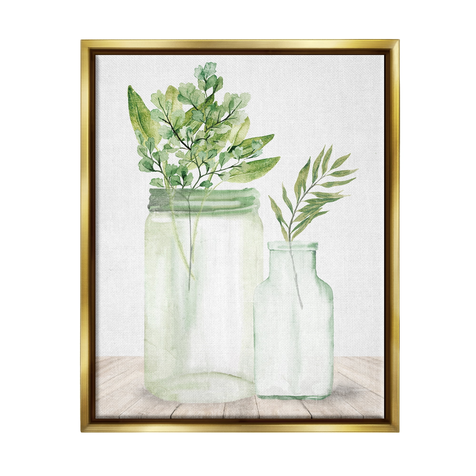 Stupell Industries Country Plant Leaves Rustic Glass Jars Arrangement Graphic Art Metallic Gold Floating Framed Canvas Print Wall Art, Design by Kim Allen