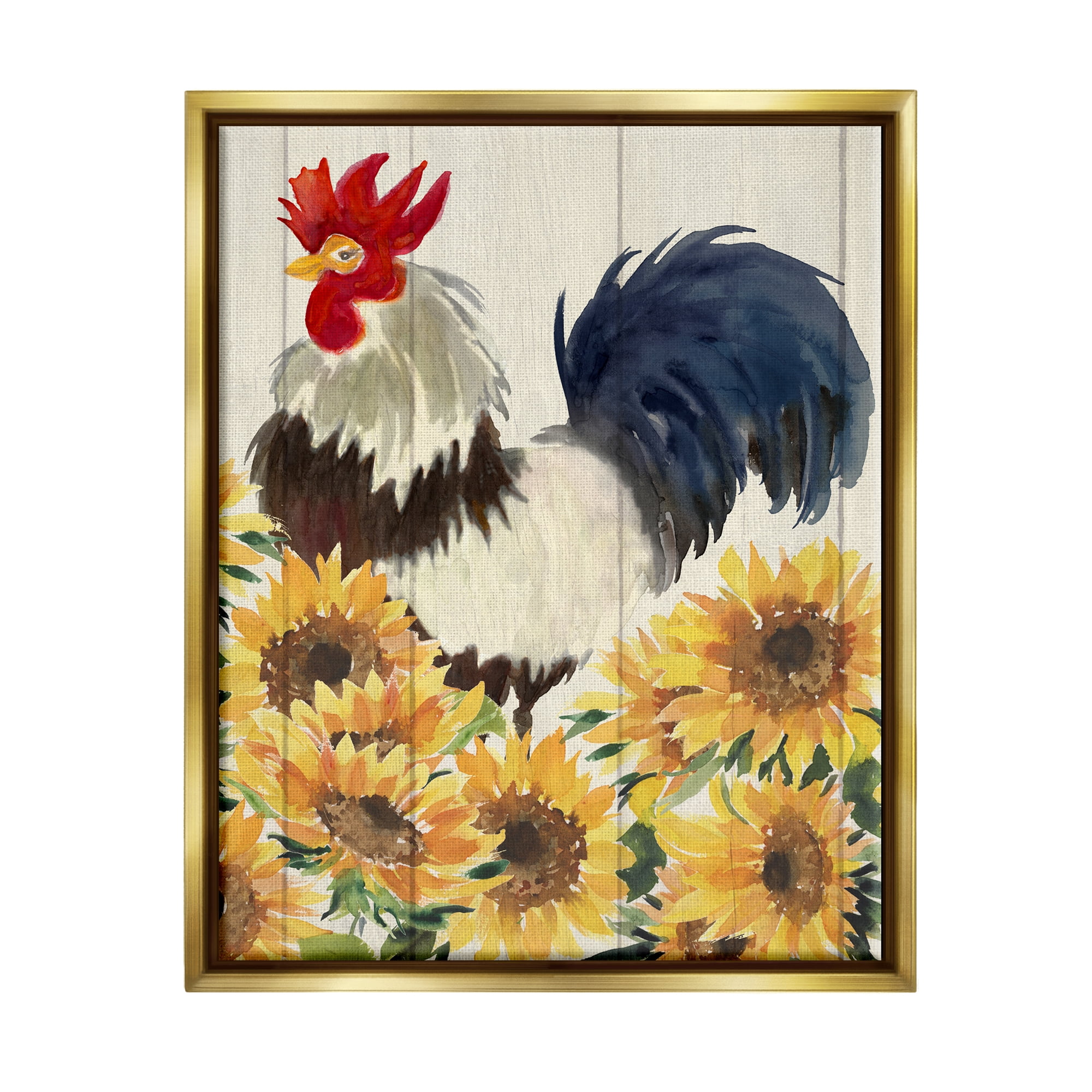 Stupell Industries Country Rooster & Sunflowers Animals & Insects Painting Gold Floater Framed Art Print Wall Art, 17 x 21
