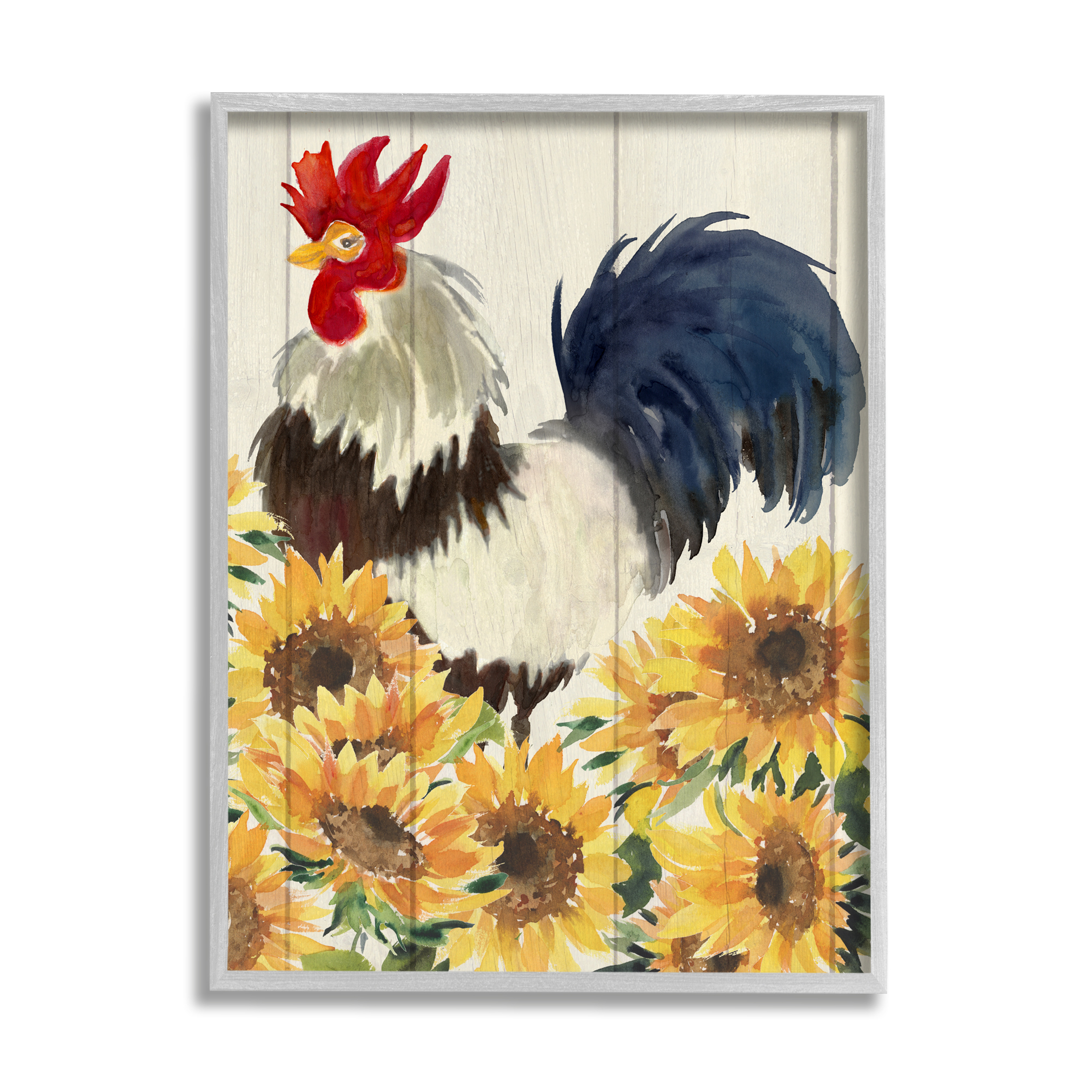 Stupell Industries Country Rooster & Sunflowers Animals & Insects Painting Gray Framed Art Print Wall Art, 16 x 20