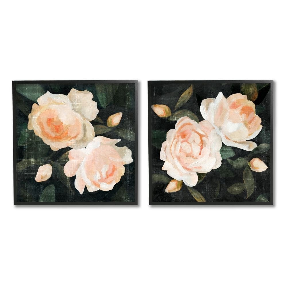 Stupell Industries Country Rose Garden Pink Green Nature Flower Painting Framed Wall Art Design by Emma Caroline, 2 Piece, 12" x 12", Black Framed