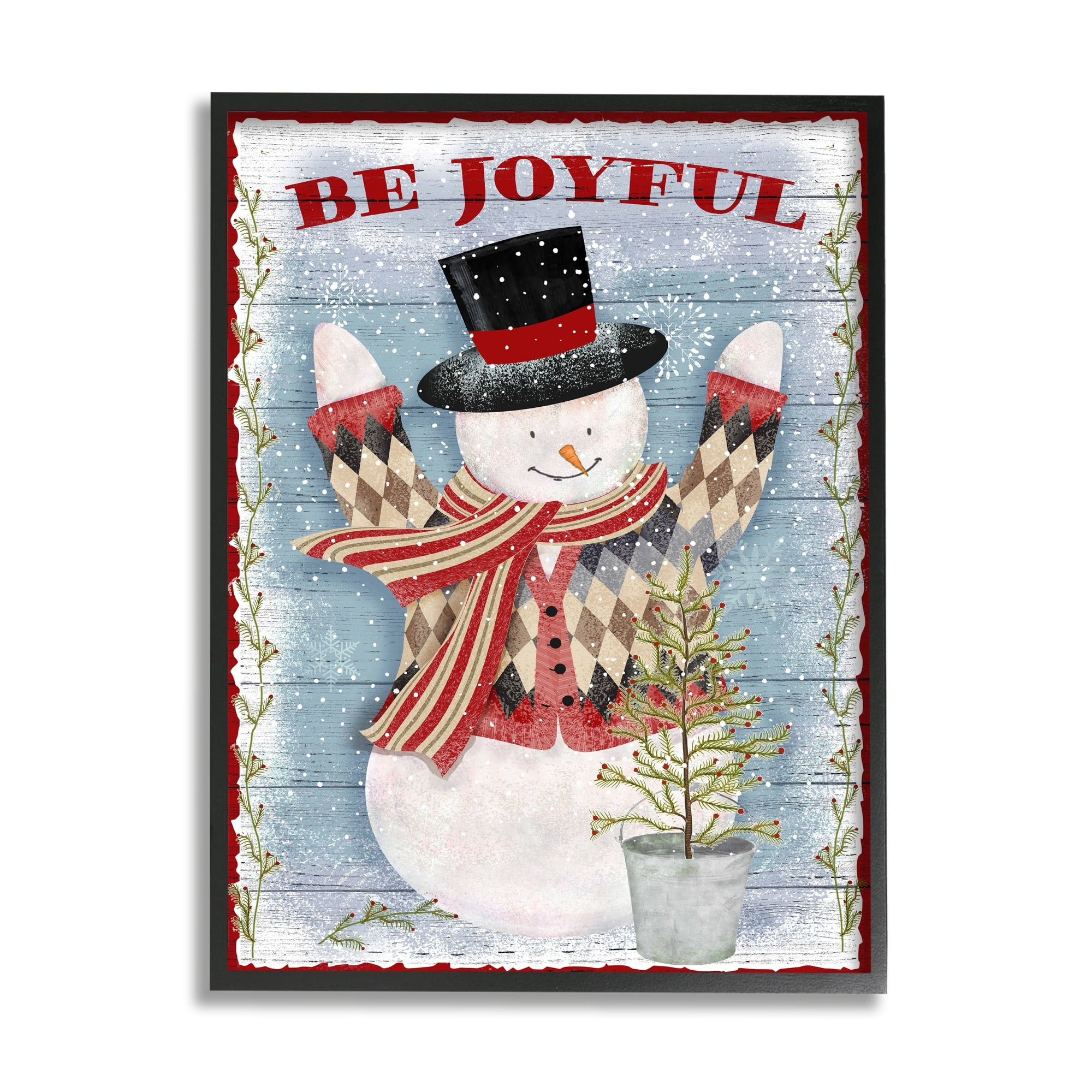 Stupell Industries Country Snowman Christmas Tree Winter Snow Black Framed Design by Beth Albert