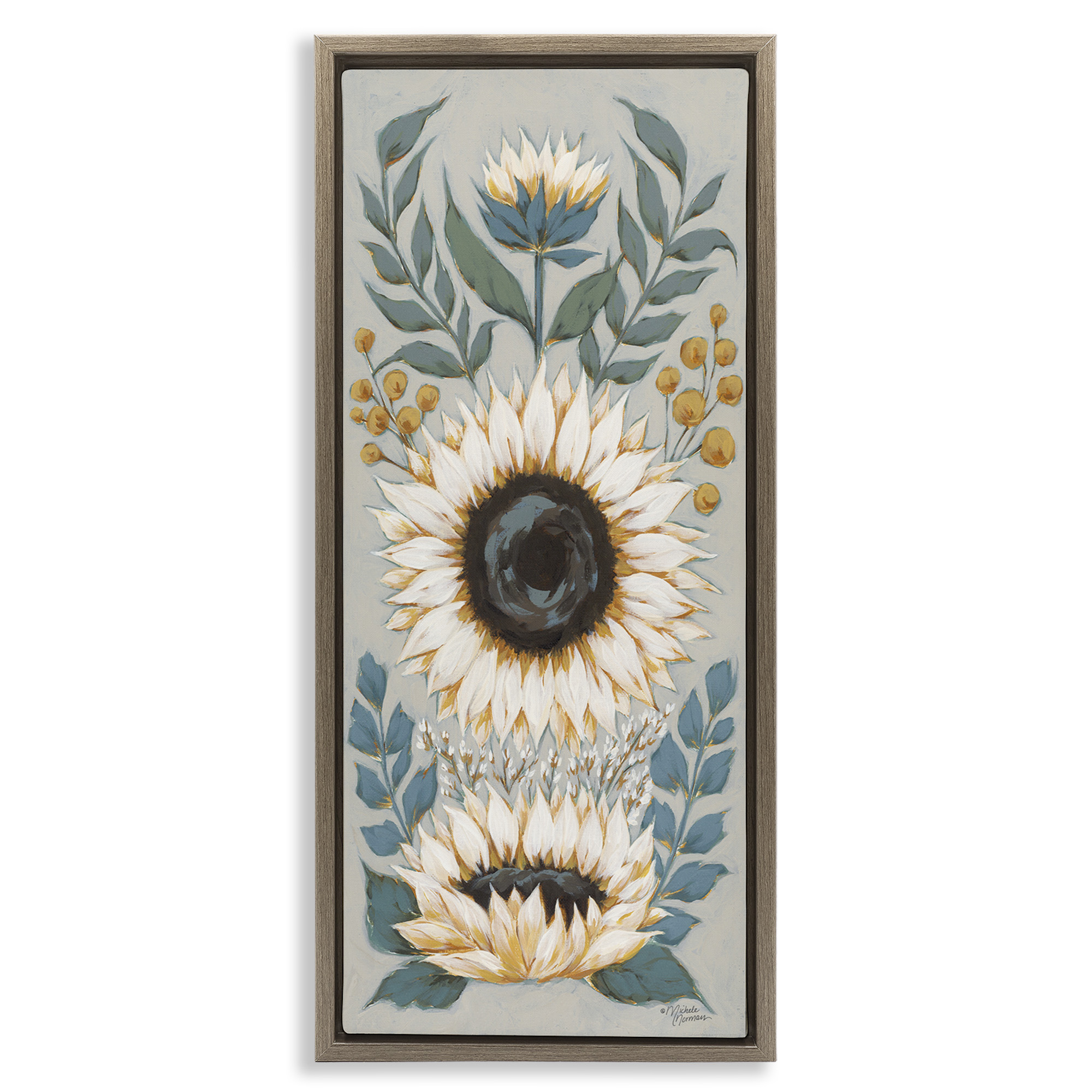 Stupell Industries Country Sunflower Blossoms Botanicals Botanical & Floral Painting Brown Floater Framed Canvas Art Print Wall Art, 11 x 25