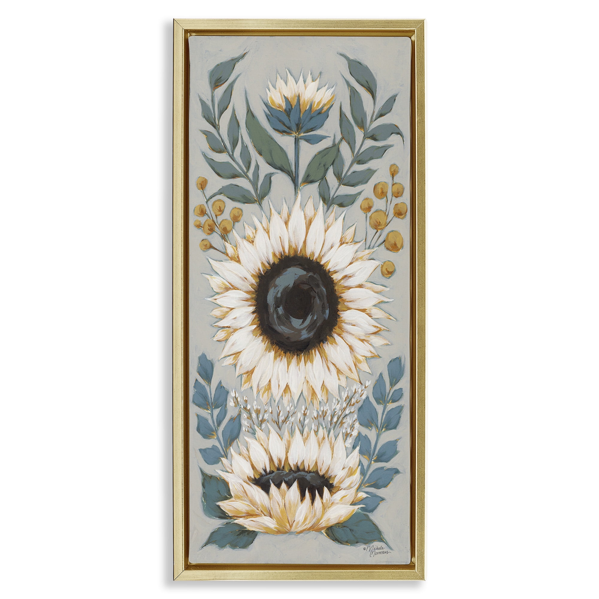 Stupell Industries Country Sunflower Blossoms Botanicals Botanical & Floral Painting Gold Floater Framed Canvas Art Print Wall Art, 11 x 25