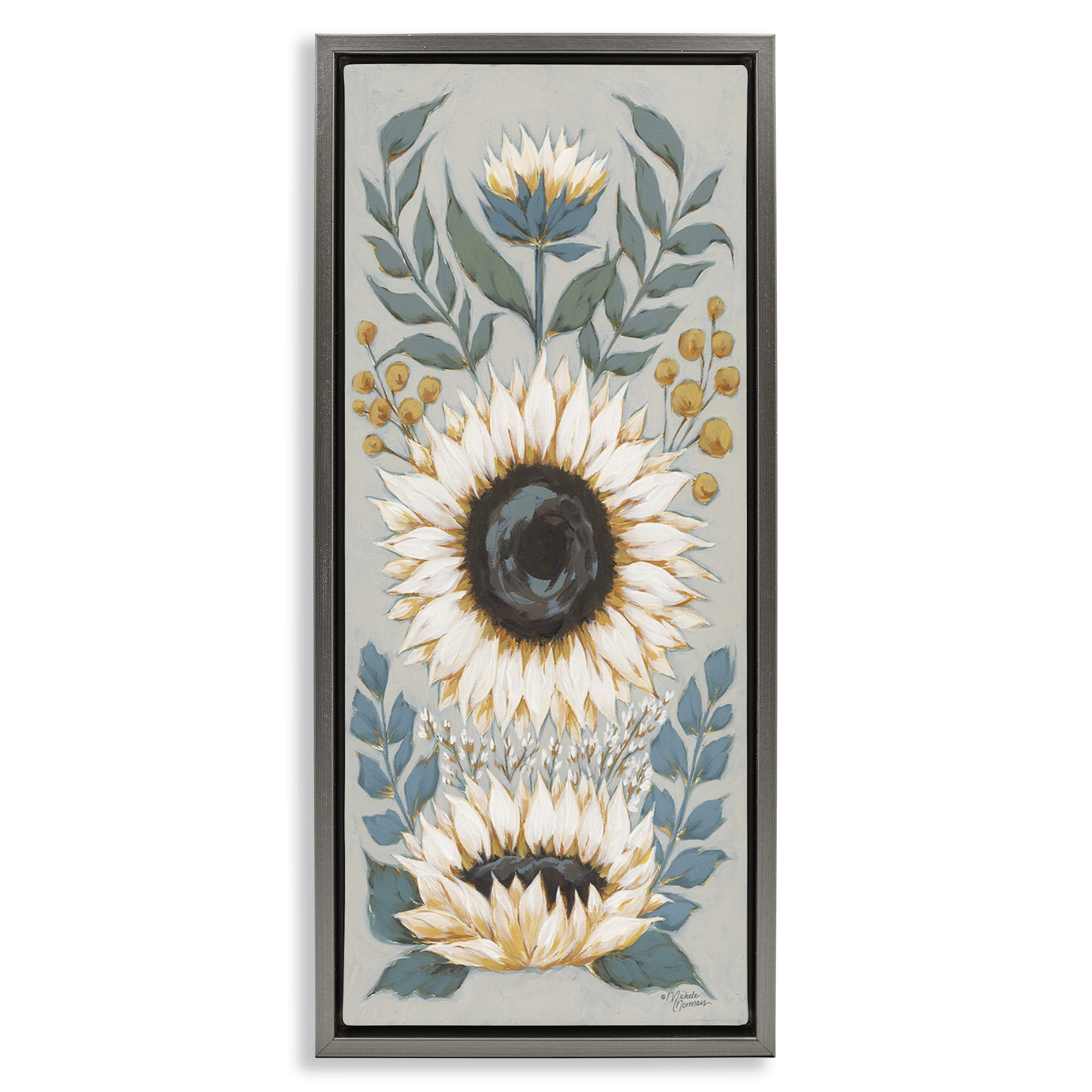 Stupell Industries Country Sunflower Blossoms Botanicals Botanical & Floral Painting Gray Floater Framed Canvas Art Print Wall Art, 15 x 31