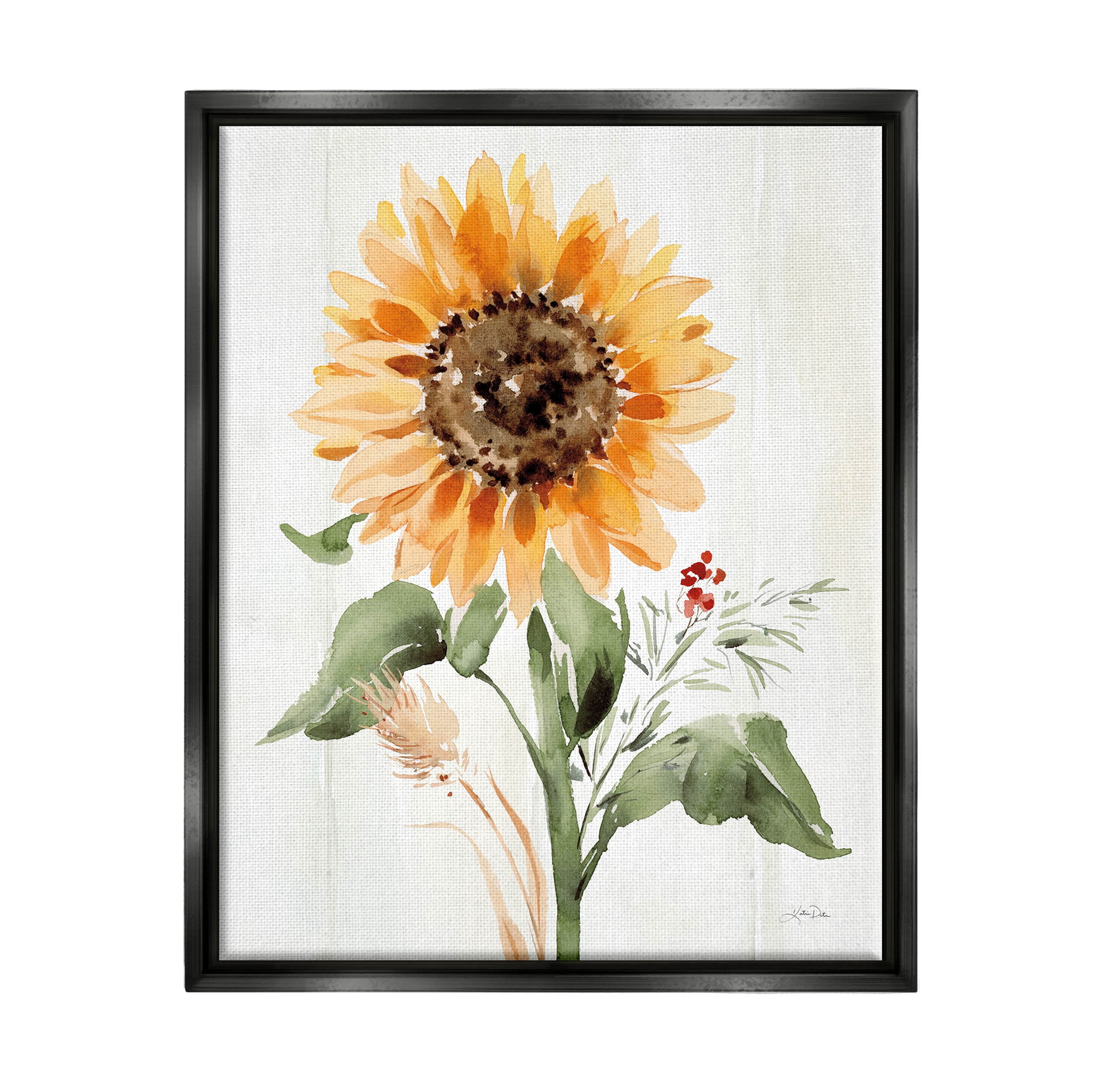 Stupell Industries Country Sunflower Botanicals Graphic Art Jet Black Floating Framed Canvas Print Wall Art, Design by Katrina Pete