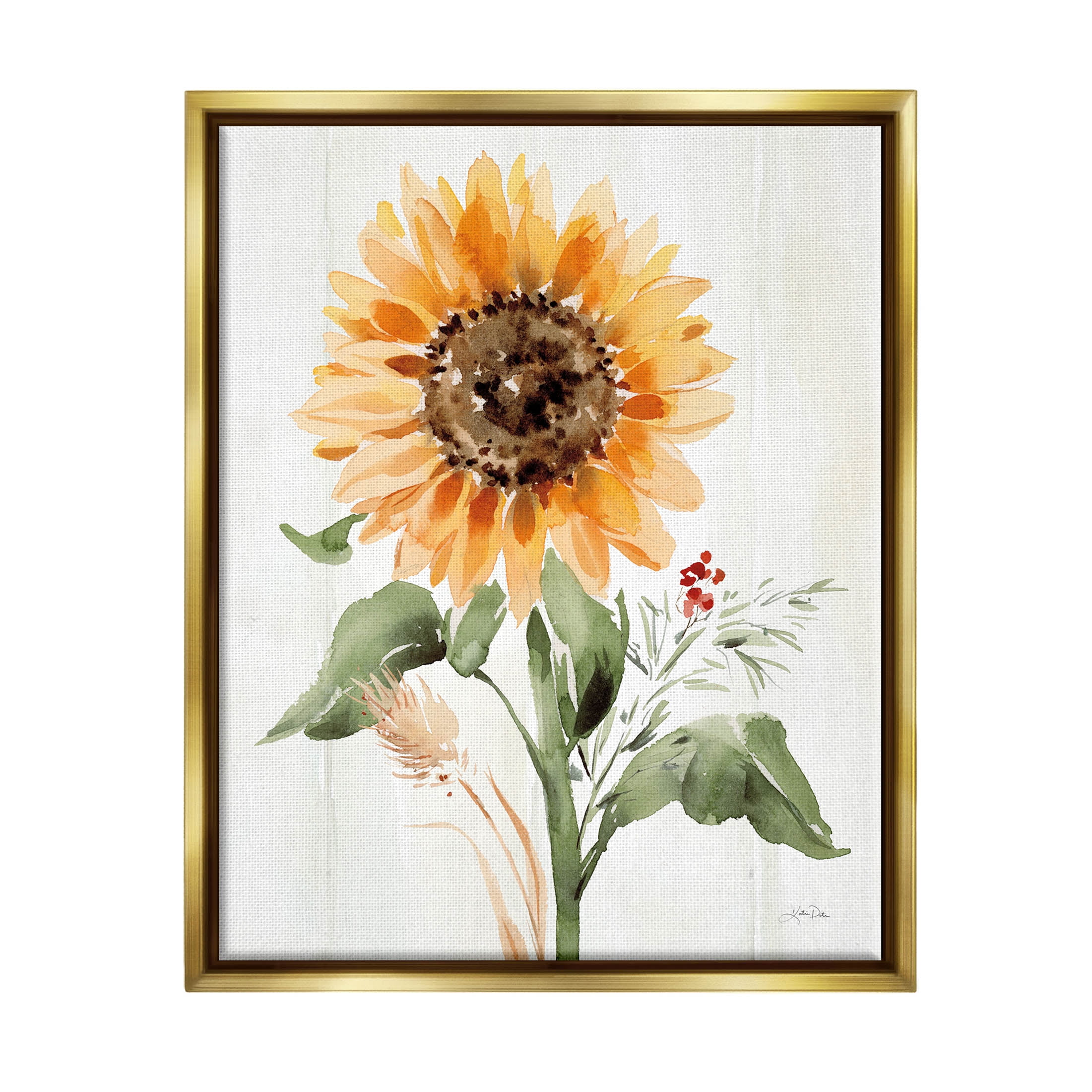 Stupell Industries Country Sunflower Botanicals Graphic Art Metallic Gold Floating Framed Canvas Print Wall Art, Design by Katrina Pete