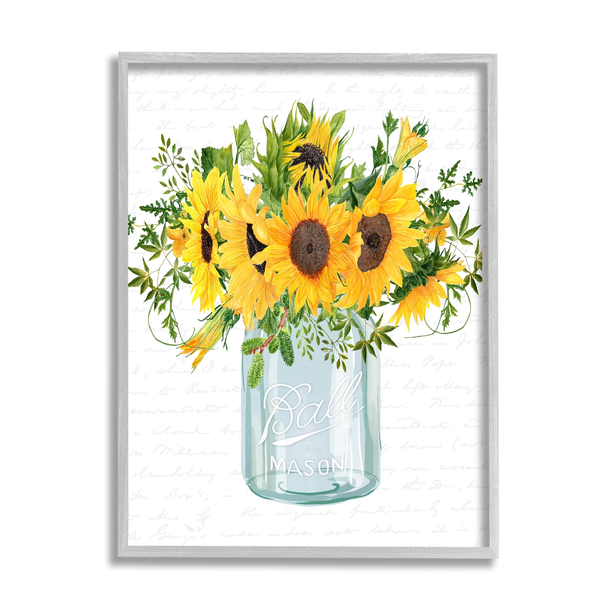Stupell Industries Country Sunflowers Bouquet Vintage Script Text Pattern Graphic Art Gray Framed Art Print Wall Art, Design by Lettered and Lined