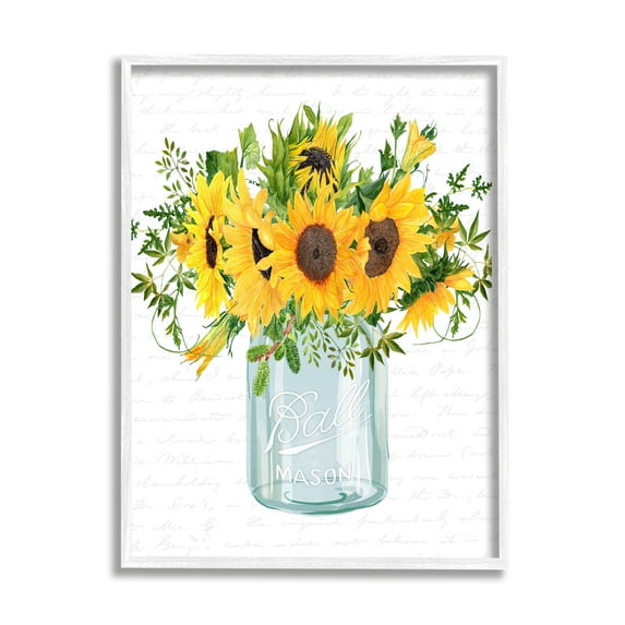 Stupell Industries Country Sunflowers Bouquet Vintage Script Text Pattern Graphic Art White Framed Art Print Wall Art, Design by Lettered and Lined