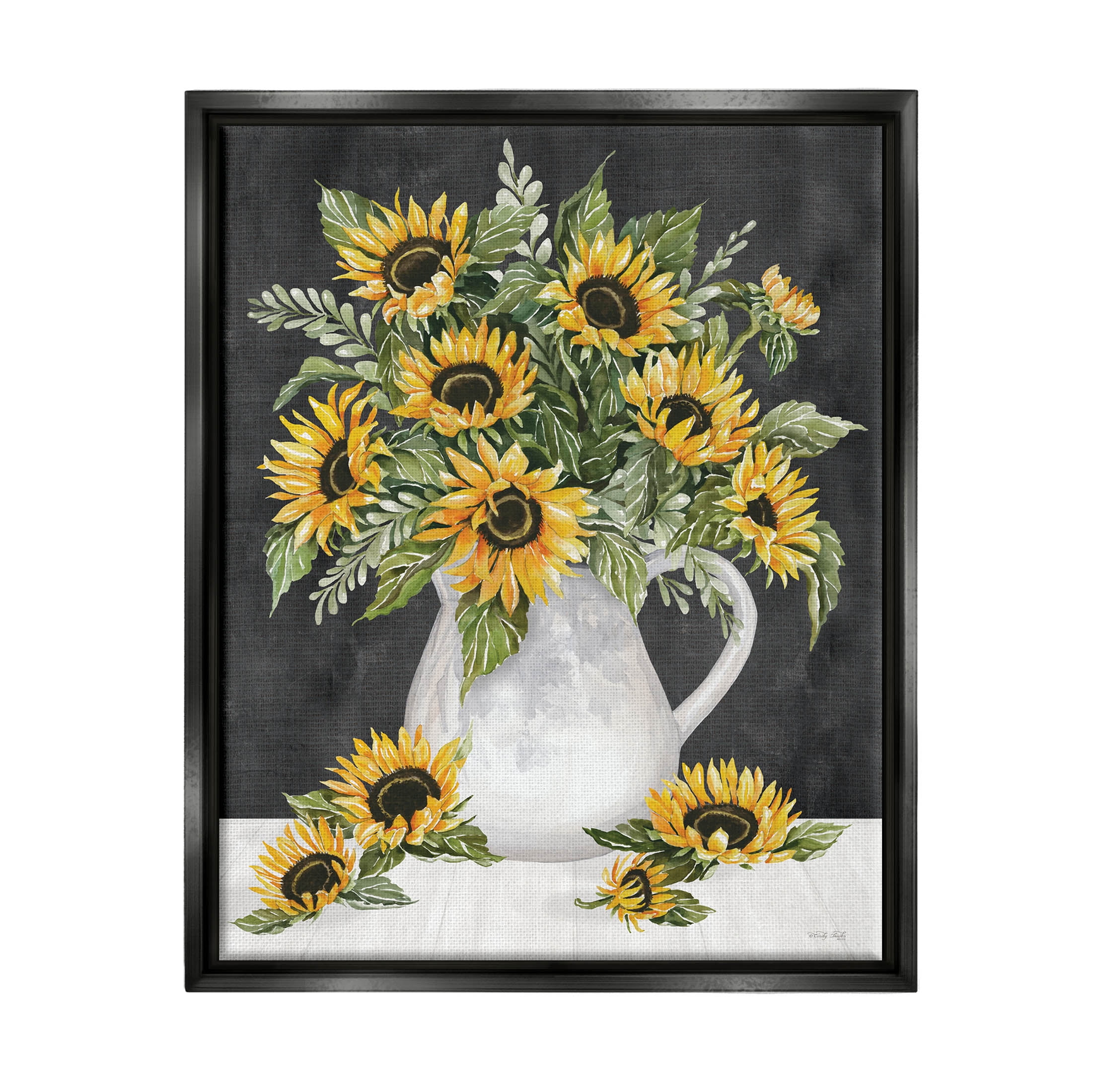Stupell Industries Country Sunflowers Vase Blossom Petals Graphic Art Jet Black Floating Framed Canvas Print Wall Art, Design by Cindy Jacobs