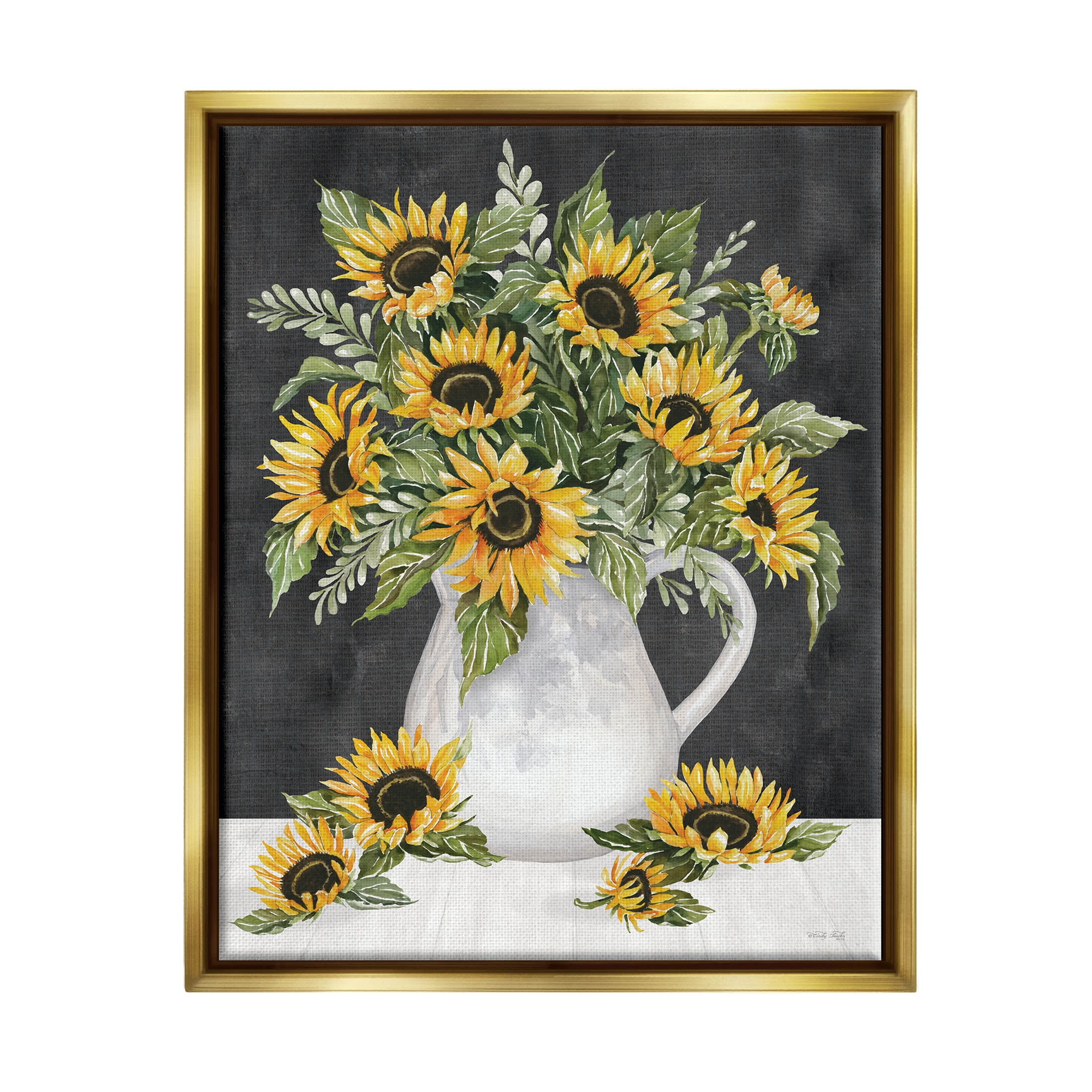 Stupell Industries Country Sunflowers Vase Blossom Petals Graphic Art Metallic Gold Floating Framed Canvas Print Wall Art, Design by Cindy Jacobs