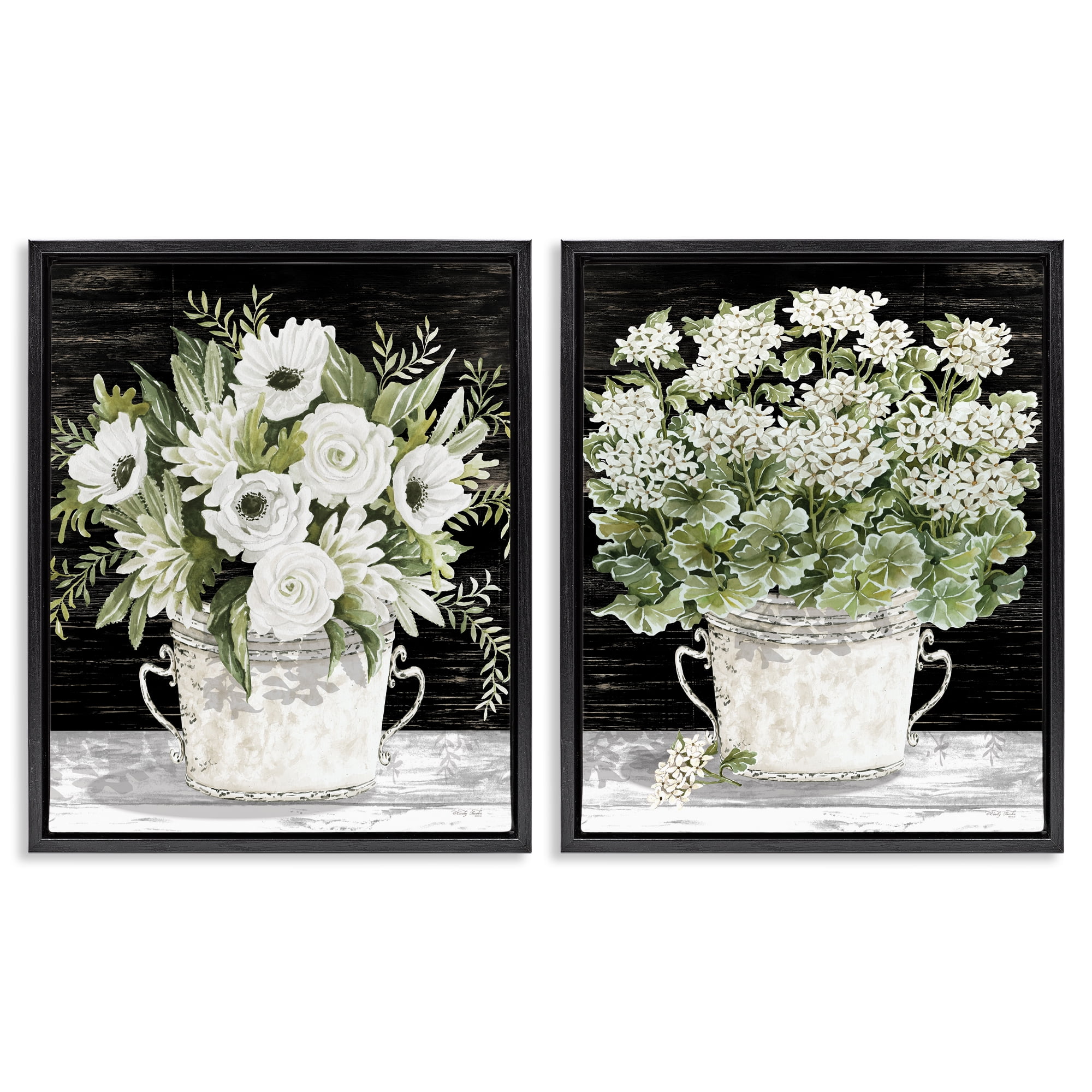 Stupell Industries Country Tins of Flowers Floral & Botanical Painting Black Floater Framed Canvas Art Print Wall Art, 17 x 21, Set of 2