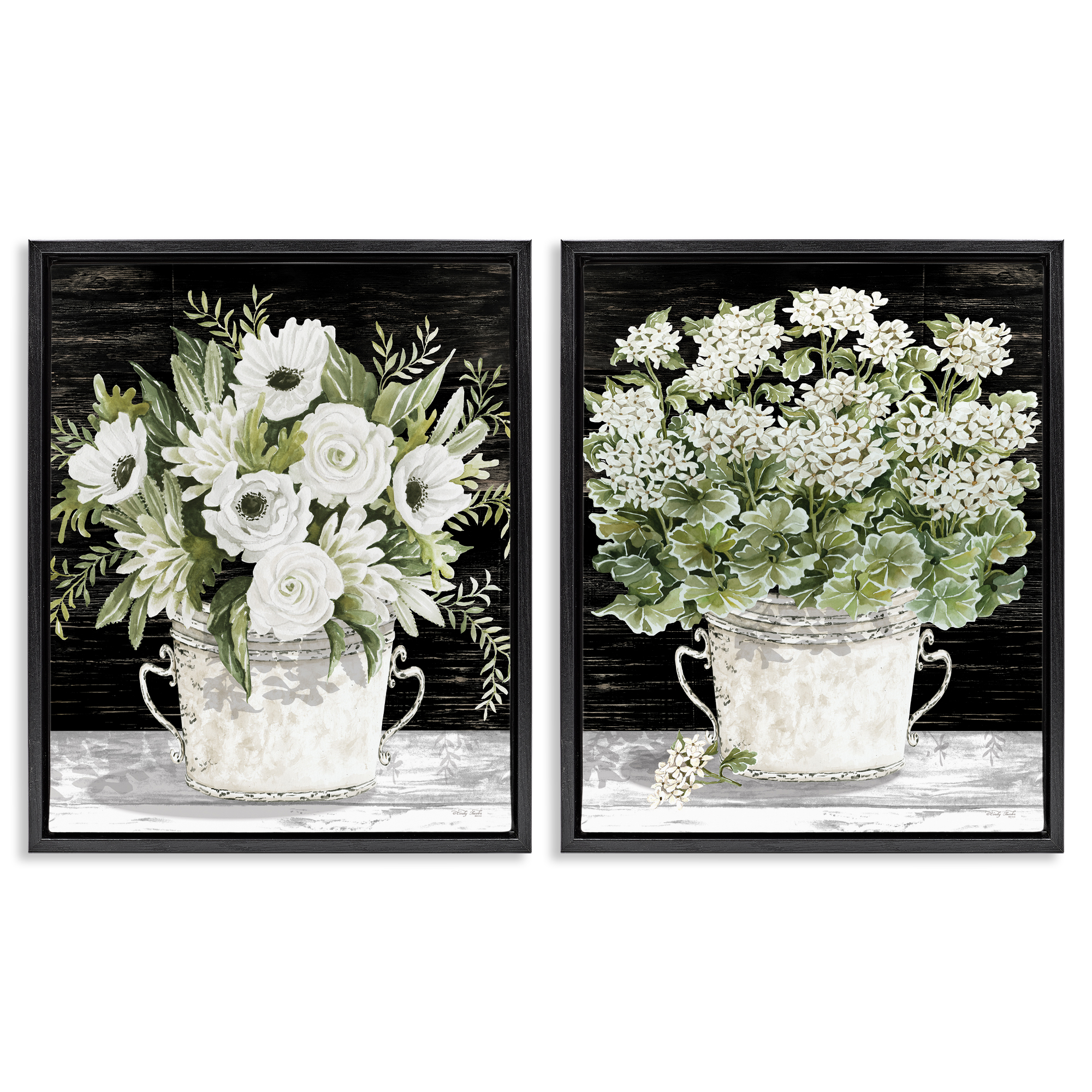 Stupell Industries Country Tins of Flowers Floral & Botanical Painting Black Floater Framed Canvas Art Print Wall Art, 31 x 25, Set of 2