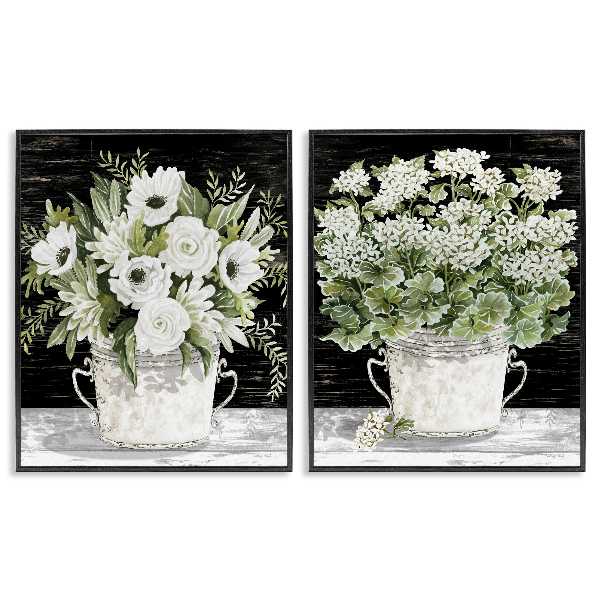 Stupell Industries Country Tins of Flowers Floral & Botanical Painting Black Framed Art Print Wall Art, 16 x 20, Set of 2