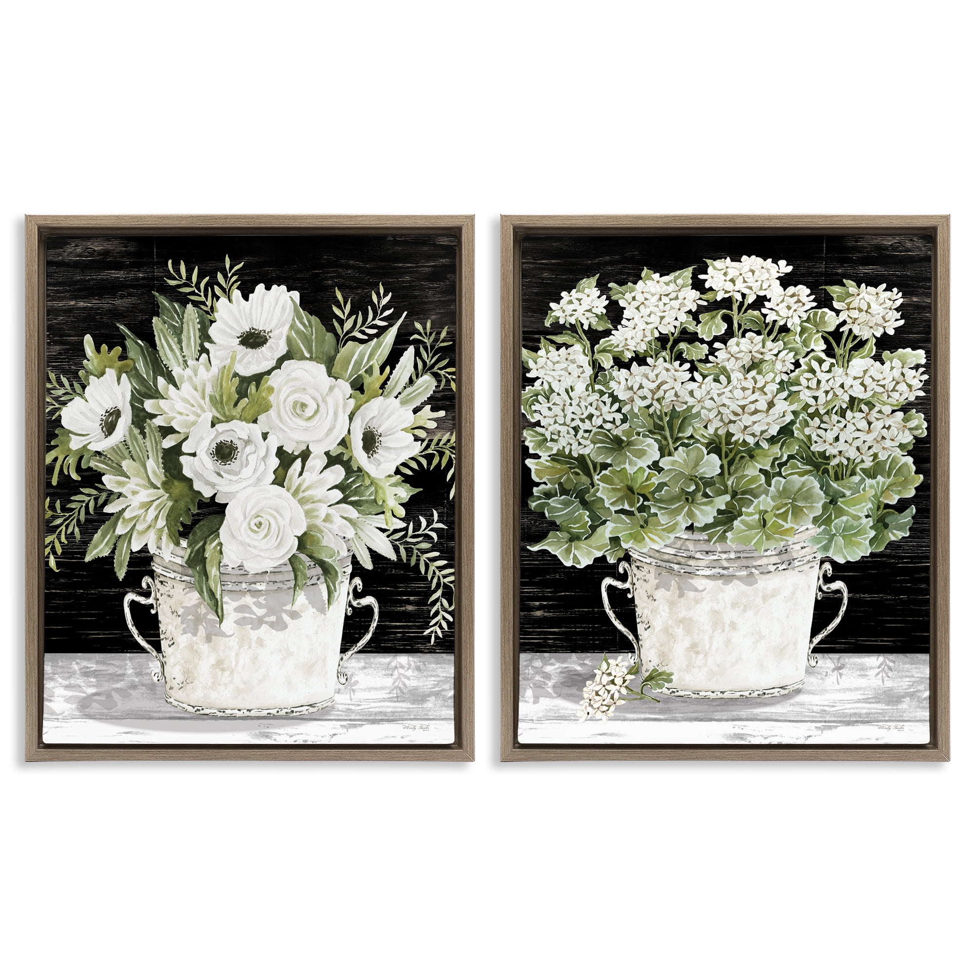 Stupell Industries Country Tins of Flowers Floral & Botanical Painting Brown Floater Framed Canvas Art Print Wall Art, 31 x 25, Set of 2