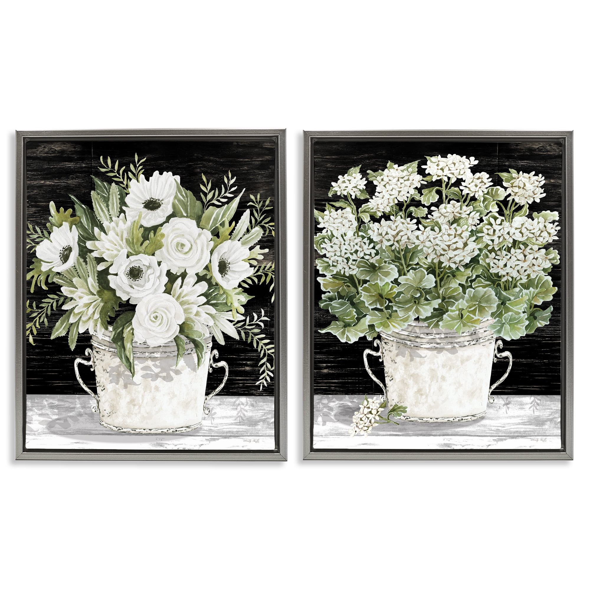 Stupell Industries Country Tins of Flowers Floral & Botanical Painting Gray Floater Framed Canvas Art Print Wall Art, 17 x 21, Set of 2