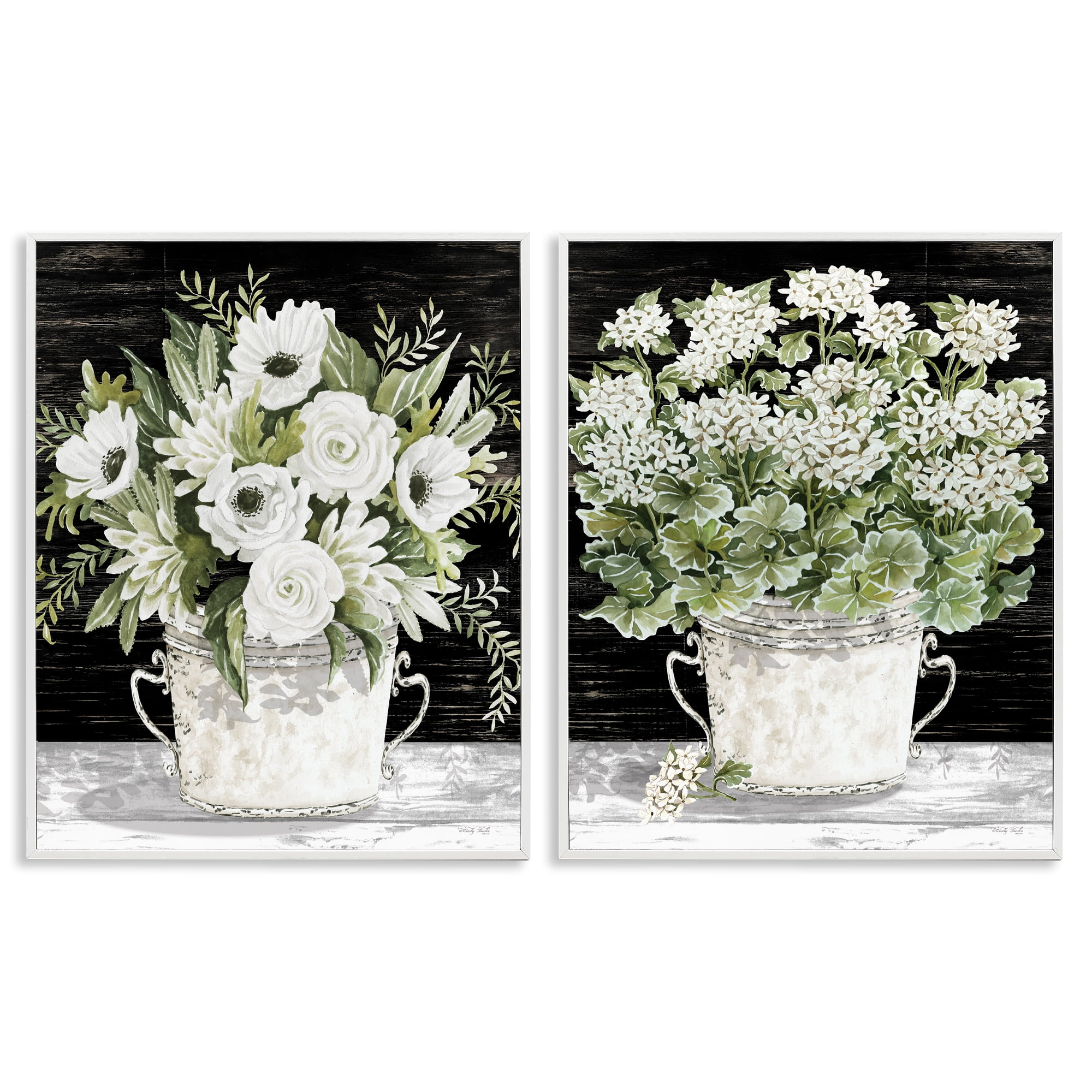 Stupell Industries Country Tins of Flowers Floral & Botanical Painting White Framed Art Print Wall Art, 11 x 14, Set of 2