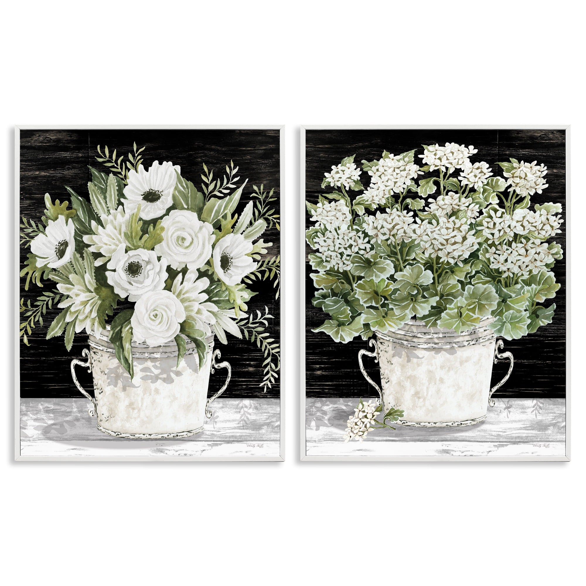Stupell Industries Country Tins of Flowers Floral & Botanical Painting White Framed Art Print Wall Art, 24 x 30, Set of 2